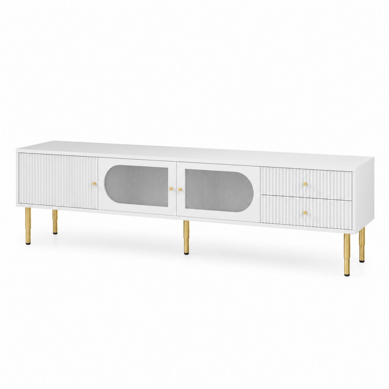 Meuble TV en bois avec portes en verre cannelé et tiroirs 180 cm Blanc et Or-Floralvillae