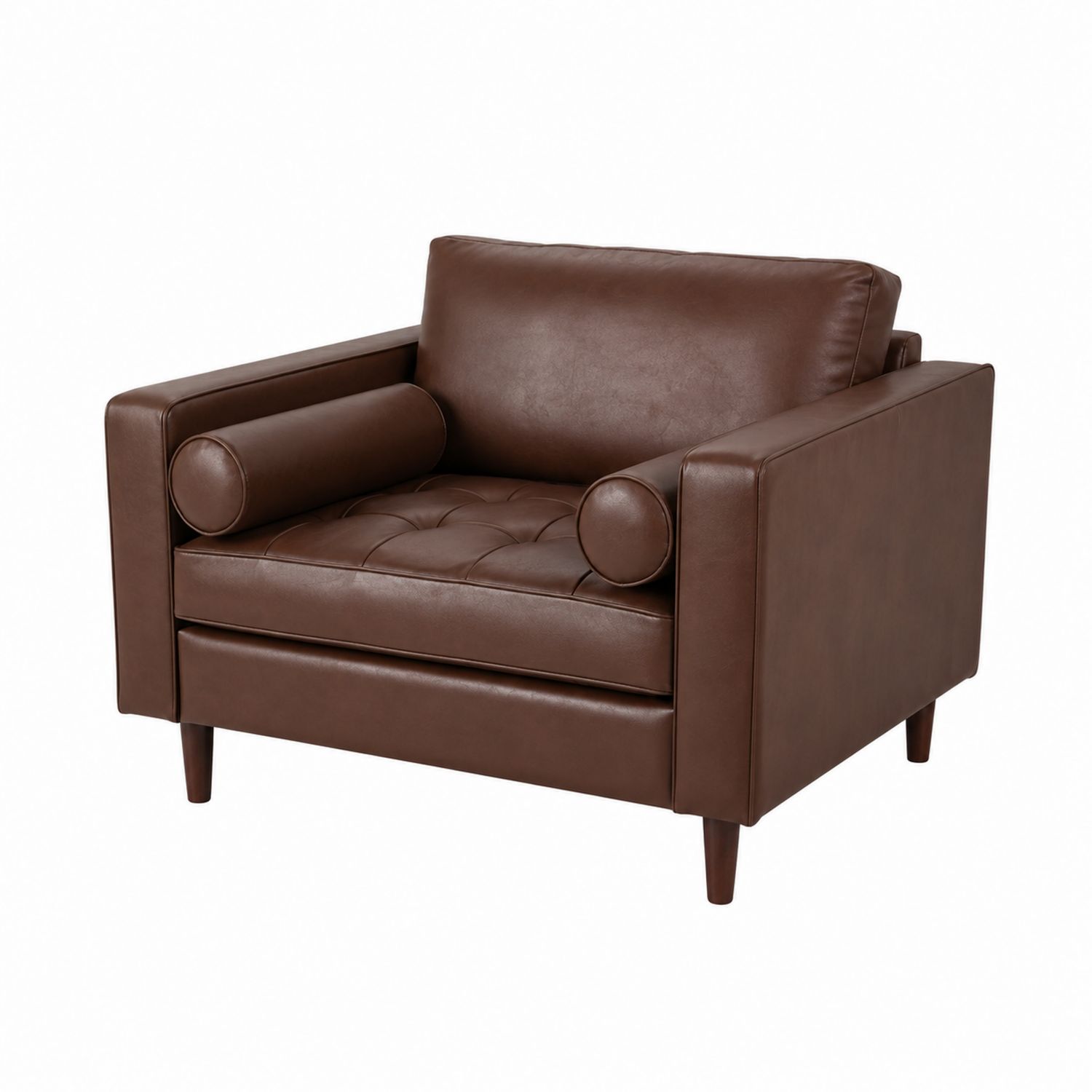 Fauteuil en cuir synthétique marron avec coussins cylindriques-Floralvillae