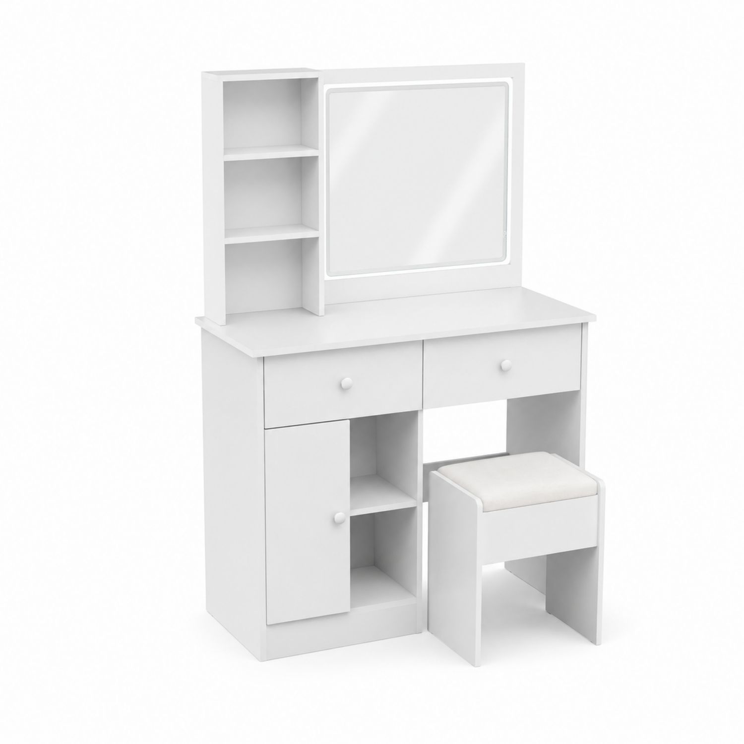 Coiffeuse en Bois Blanc avec Miroir et Tabouret-Floralvillae