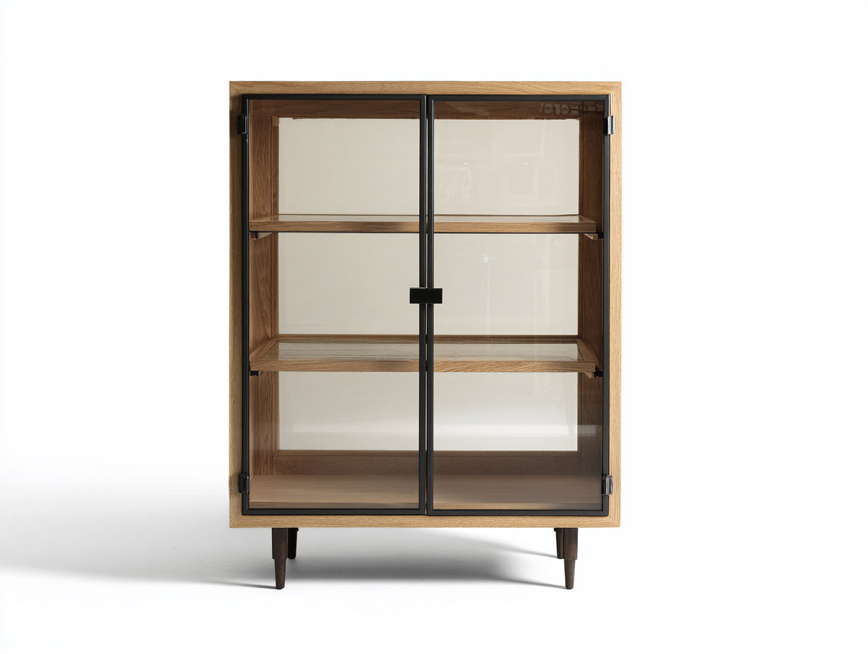 Vitrine - Bois - Verre - Métal - 105x40x145 cm - Bois naturel-Noir - Moderne-Liviaospace