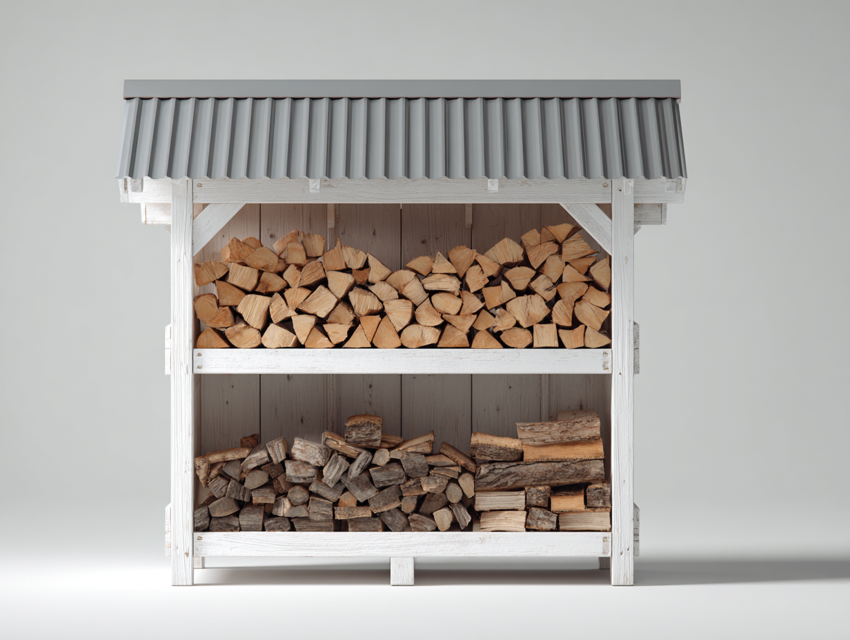 Abri à bûches - Bois - Métal - 185x62x170 cm - Blanc-Gris - Extérieur-Liviaospace