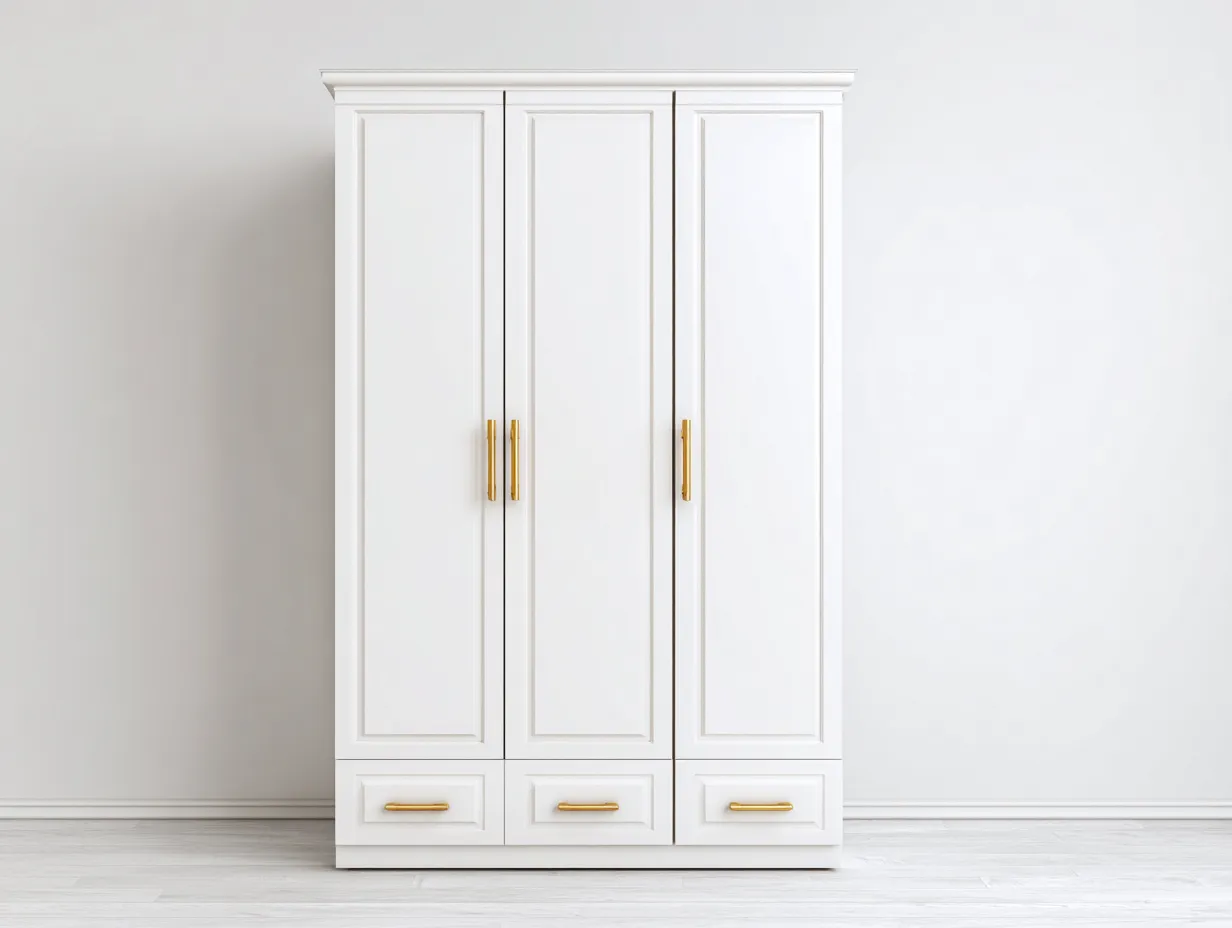 Armoire - Bois manufacturé - Métal - 155x57x205 cm - Blanc-Doré - Classique-Liviaospace
