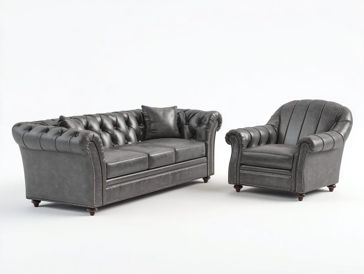 Ensemble de canapés - cuir synthétique-bois-métal - 220x92x78 cm - gris anthracite - style Chesterfield-Liviaospace