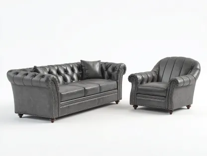 Ensemble de canapés - cuir synthétique-bois-métal - 220x92x78 cm - gris anthracite - style Chesterfield-Liviaospace