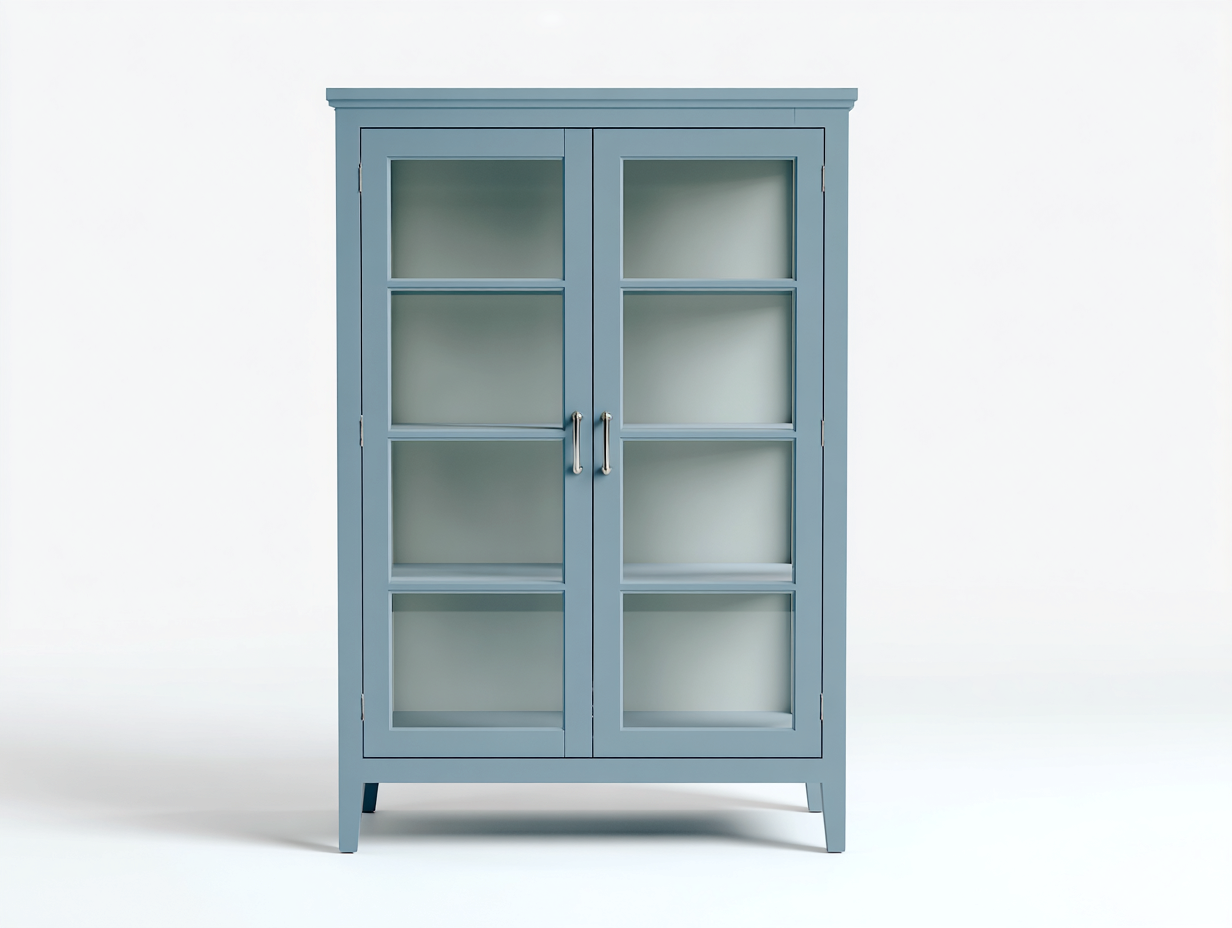 Vitrine - Bois manufacturé - Verre - Métal - 110x42x180 cm - Bleu grisé - Campagne-Liviaospace