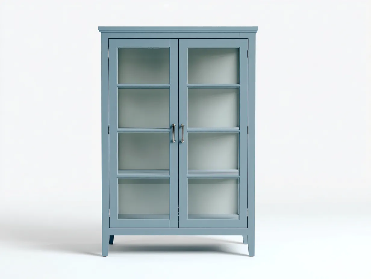 Vitrine - Bois manufacturé - Verre - Métal - 110x42x180 cm - Bleu grisé - Campagne-Liviaospace