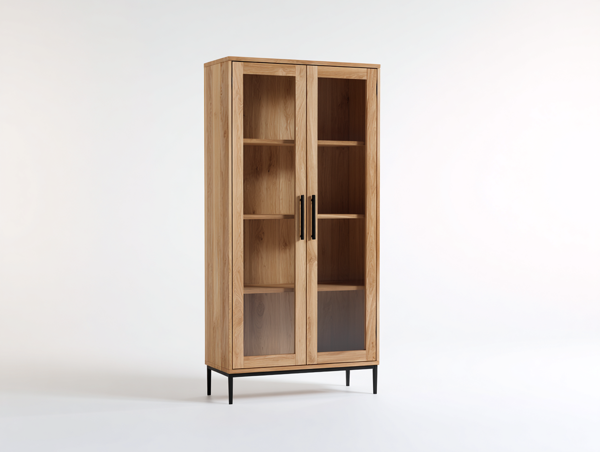 Vitrine - Bois - Verre - Métal - 92x42x176 cm - Bois naturel-Noir - Moderne-Liviaospace