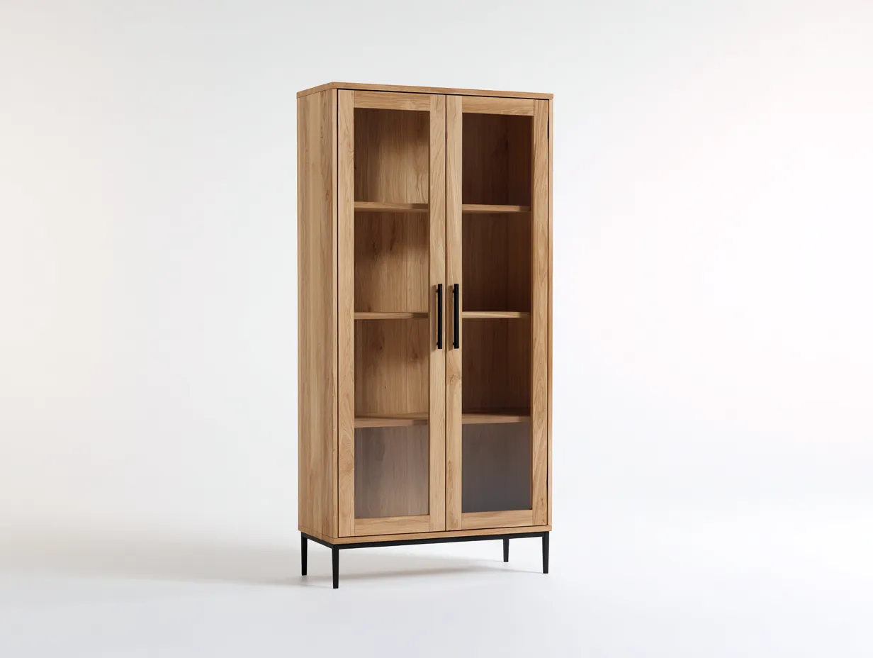 Vitrine - Bois - Verre - Métal - 92x42x176 cm - Bois naturel-Noir - Moderne-Liviaospace