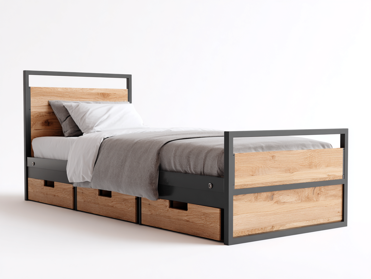 Letto singolo con cassetti 205x100x105 cm - grigio scuro-naturale - adatto alla camera da letto stile moderno industriale-Samohanest
