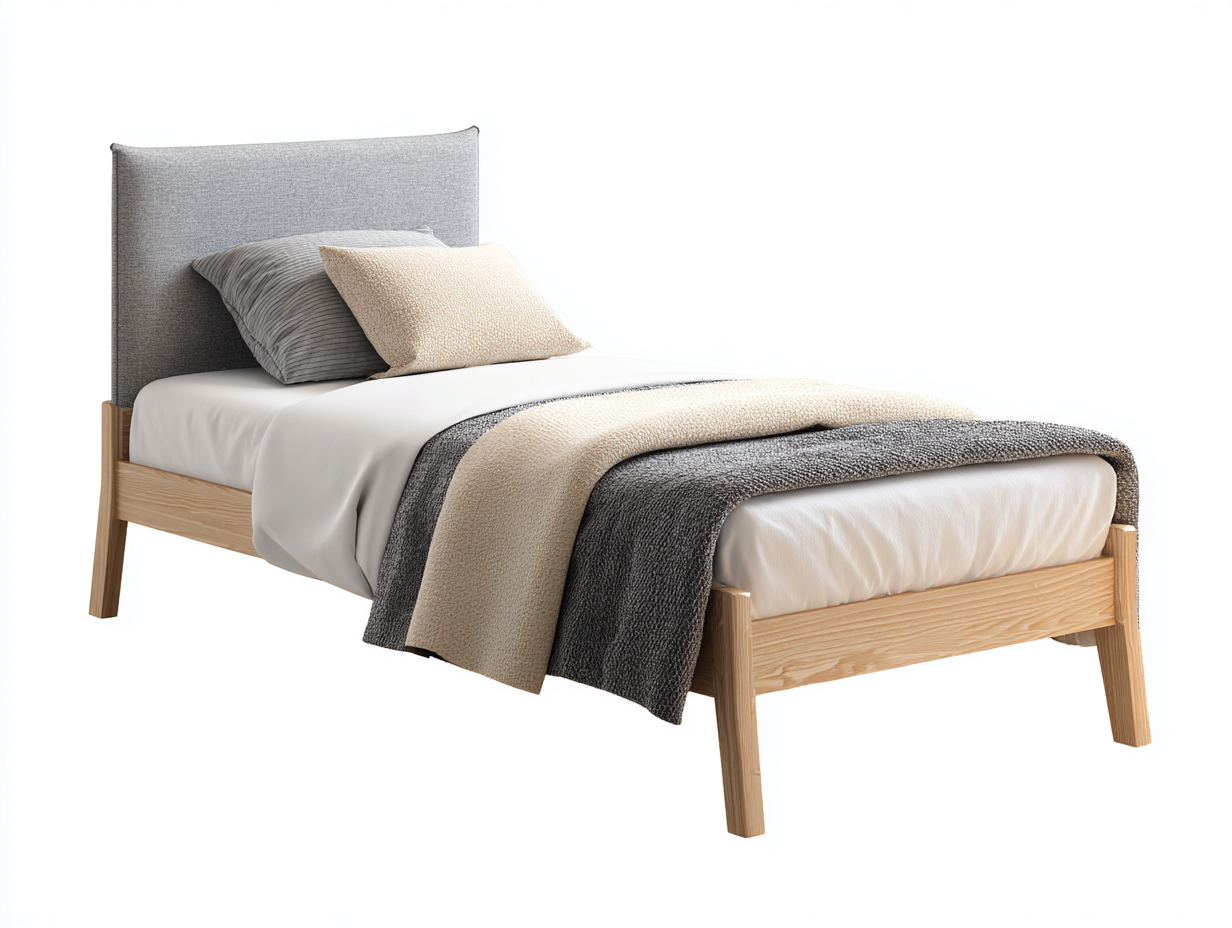 Letto singolo in tessuto e legno 205x100x100 cm - grigio chiaro-legno chiaro - design scandinavo per camera da letto-Samohanest