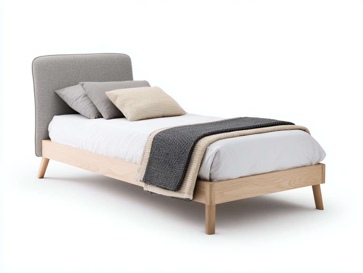 Letto singolo in tessuto e legno 205x100x95 cm - grigio chiaro-legno chiaro - design nordico per camera da letto-Samohanest
