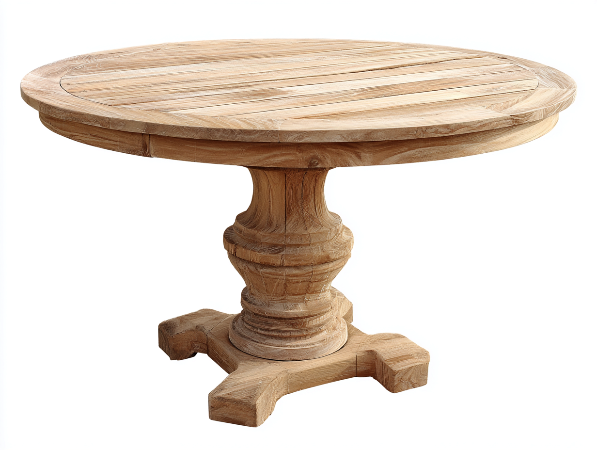 Tavolo da giardino rotondo in legno massello 126x126x74 cm - beige sabbia - base scolpita artigianale per patio e terrazza-Sazolyspace