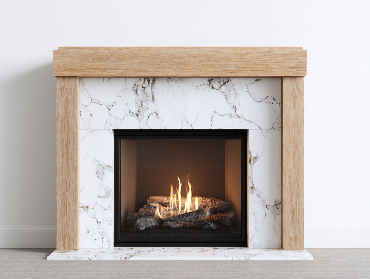 Camino decorativo con inserto a gas in legno chiaro e marmo 152x38x118 cm - beige chiaro-bianco marmo - design moderno per soggiorno-Sazolyspace