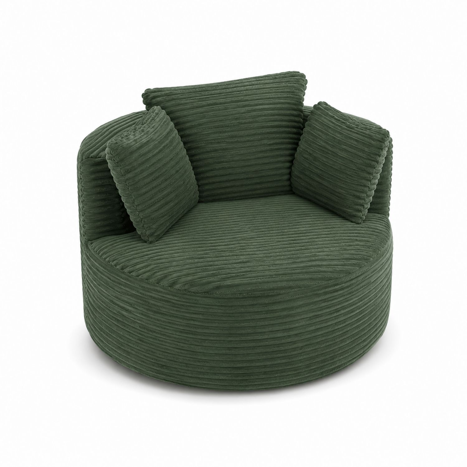 Fauteuil rond en velours côtelé vert avec coussins