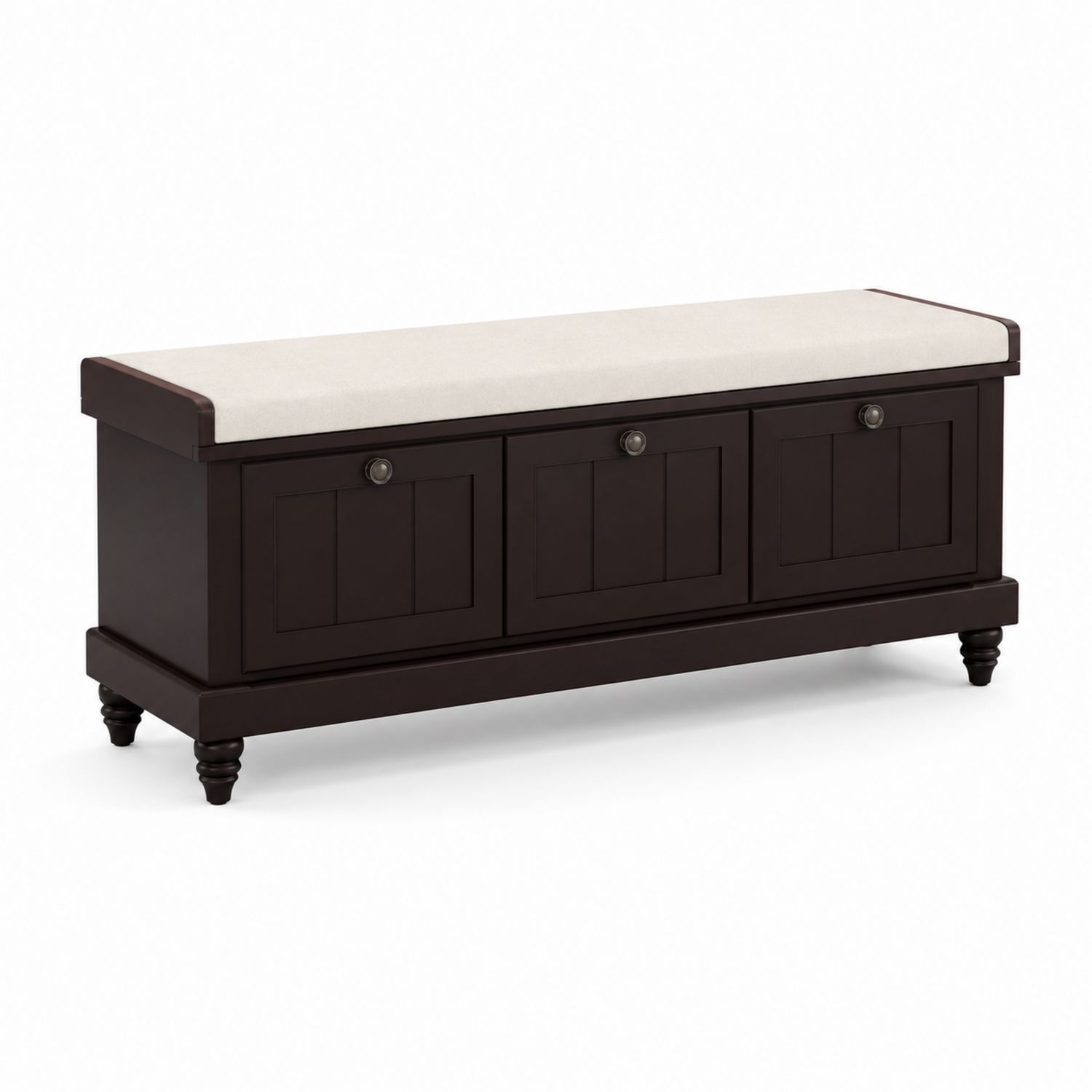 Banc de rangement en bois avec assise en tissu beige