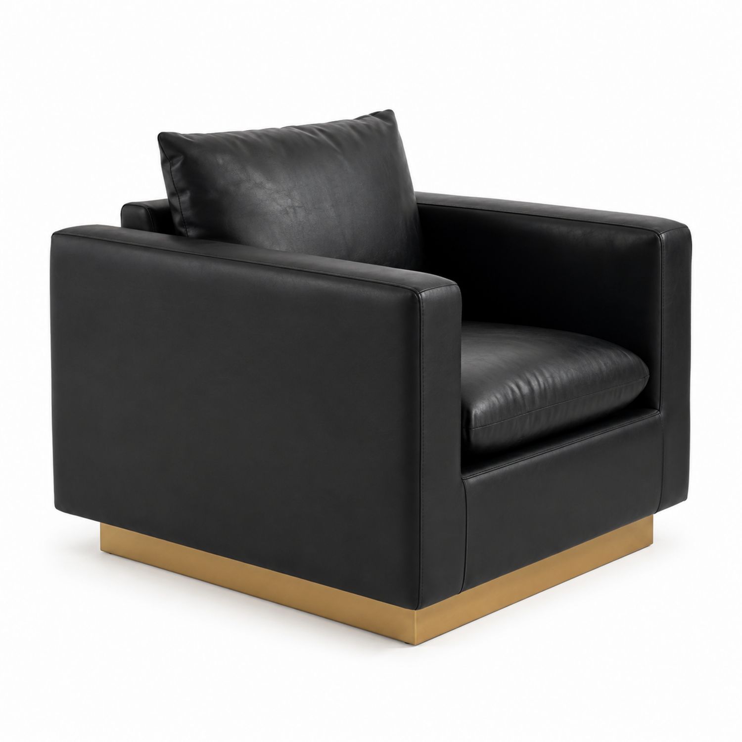 Fauteuil en cuir noir avec base en métal doré