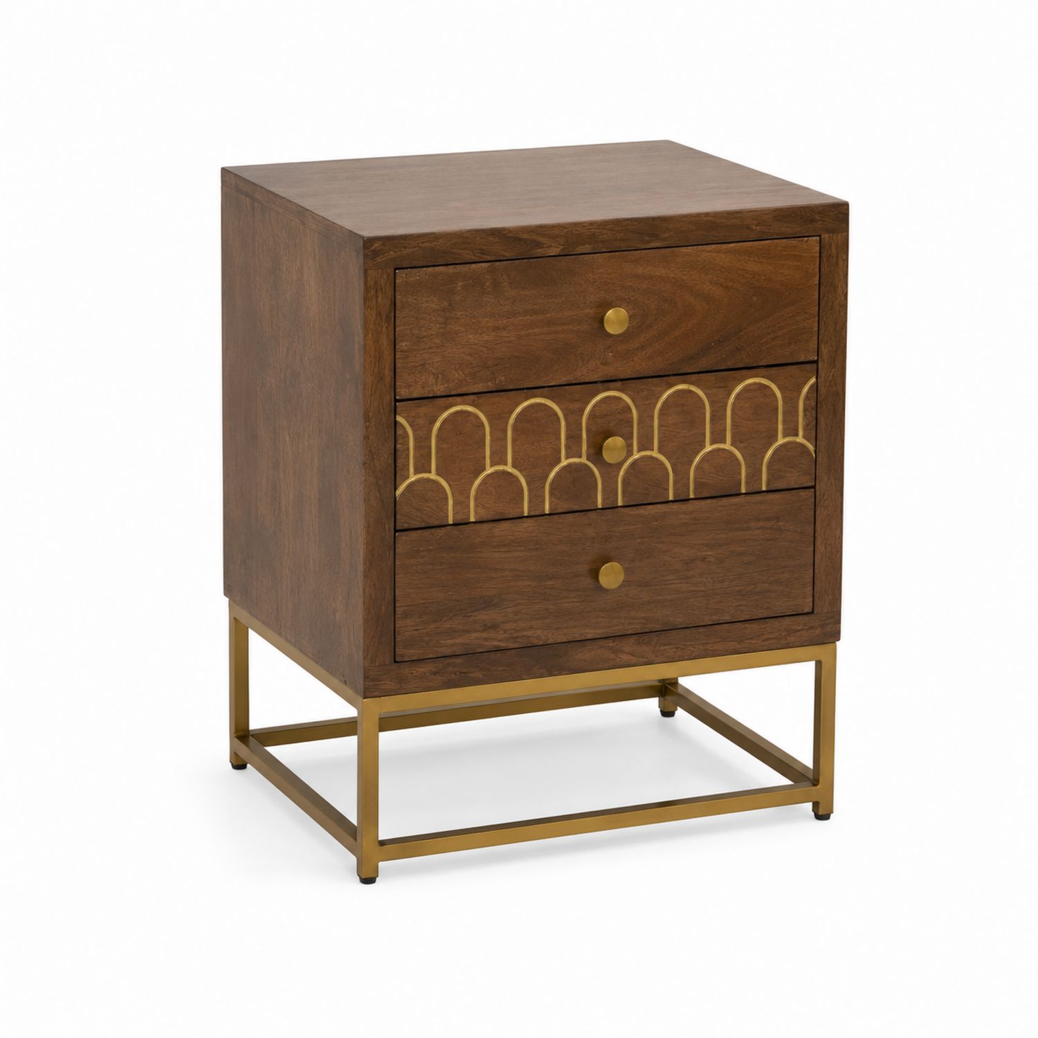 Table de chevet en bois et métal marron/doré avec 3 tiroirs