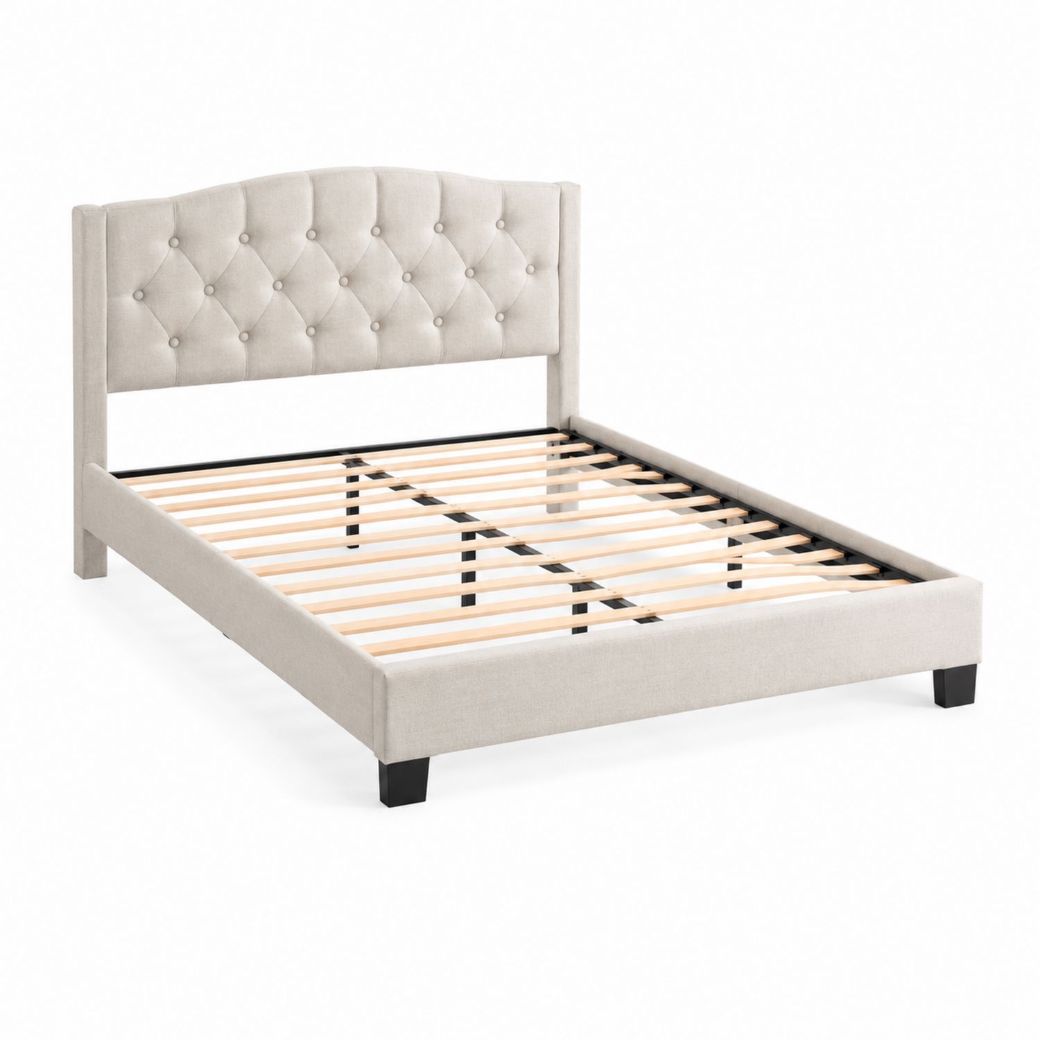 Lit double en métal et bois avec tête de lit en tissu beige