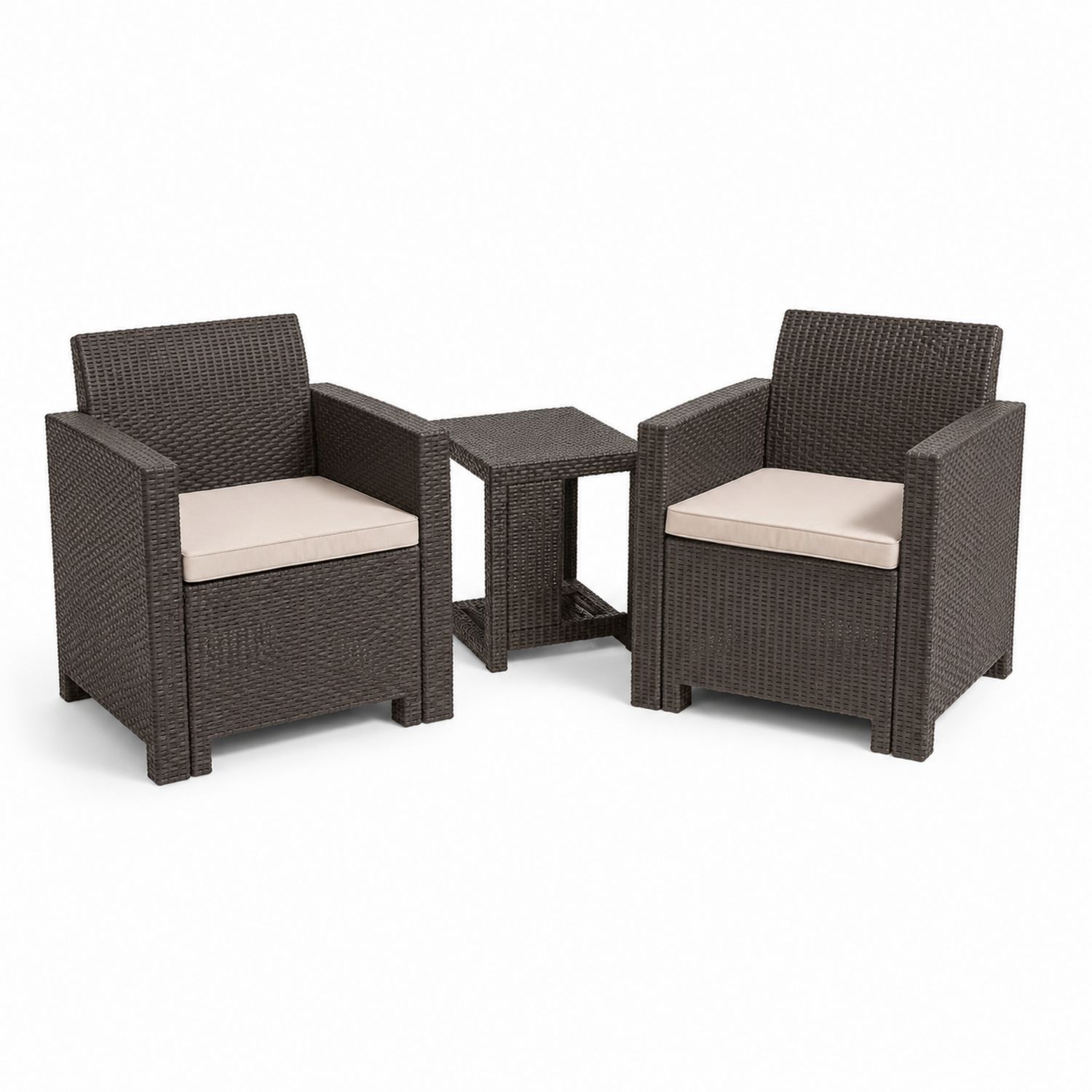 Ensemble mobilier en résine tressée avec coussins, 2 fauteuils et table, Marron/Beige