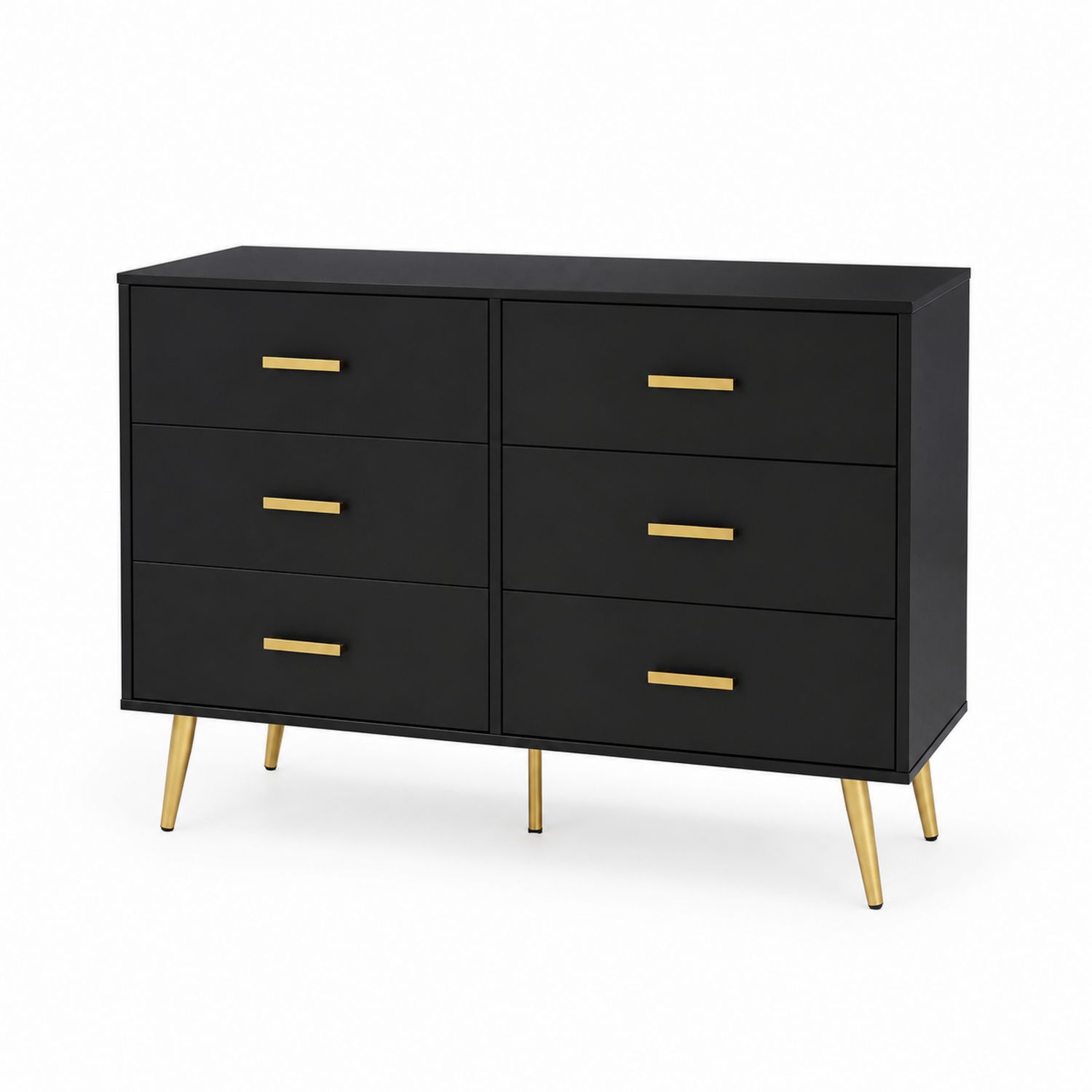 Commode en bois noir avec poignées et pieds dorés