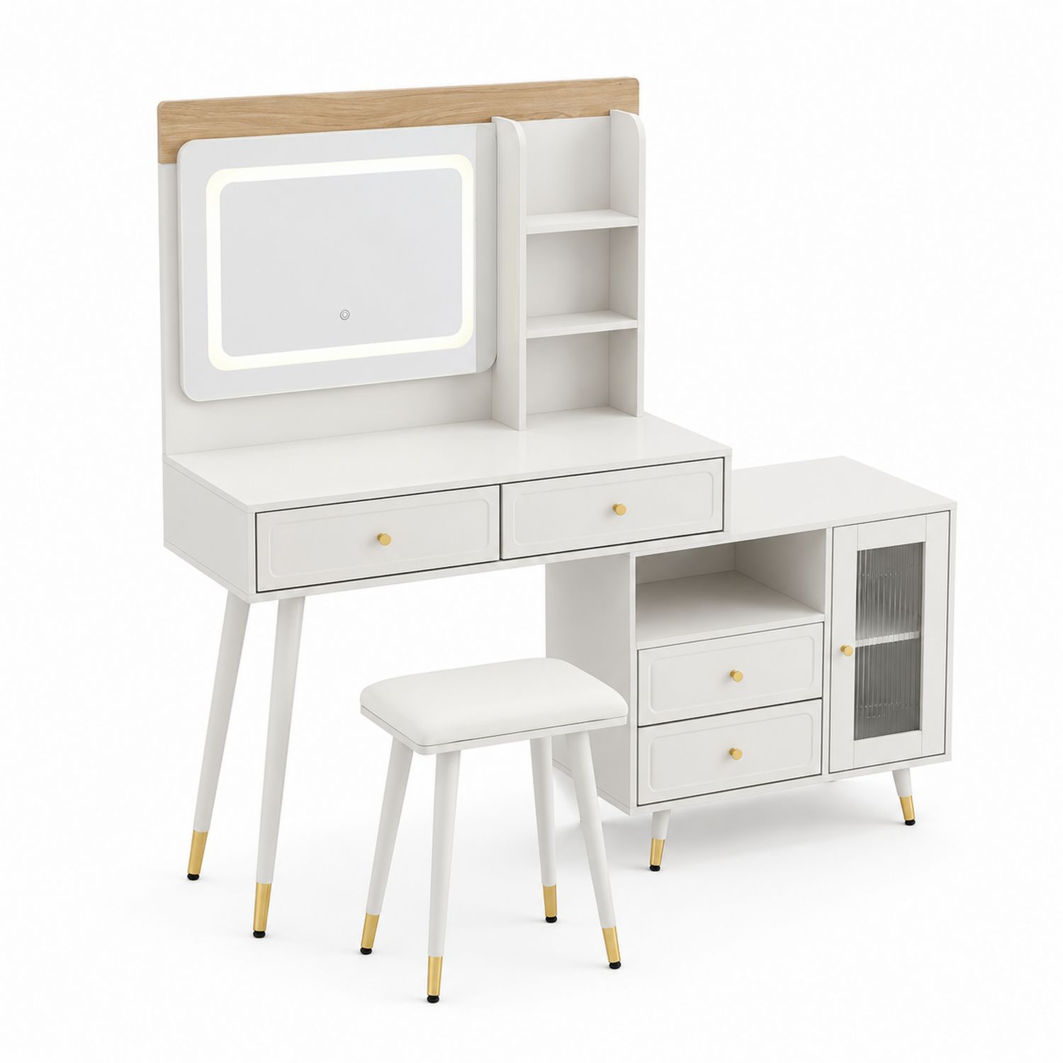 Coiffeuse en Bois et Métal avec Miroir LED et Tabouret