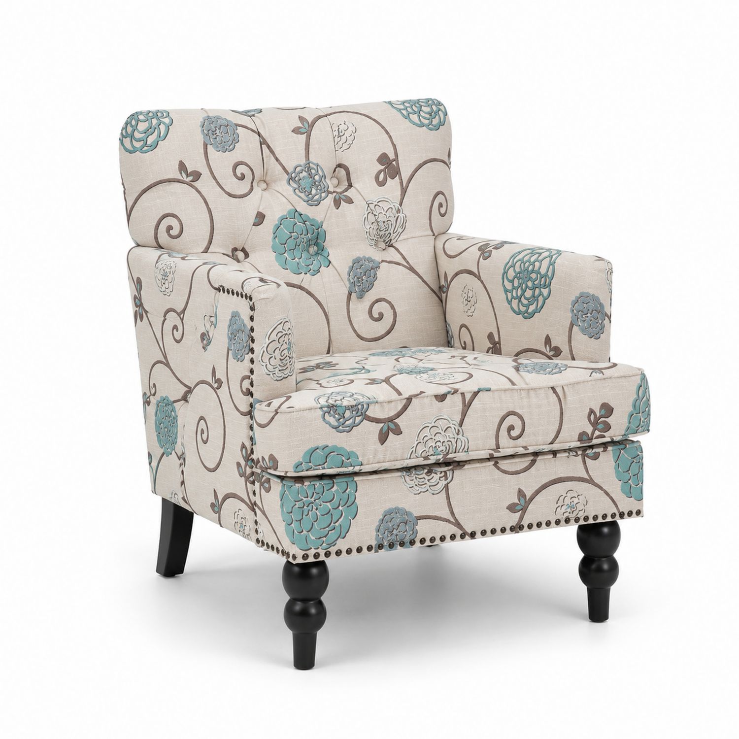 Fauteuil en Bois avec Motif Floral Beige et Bleu