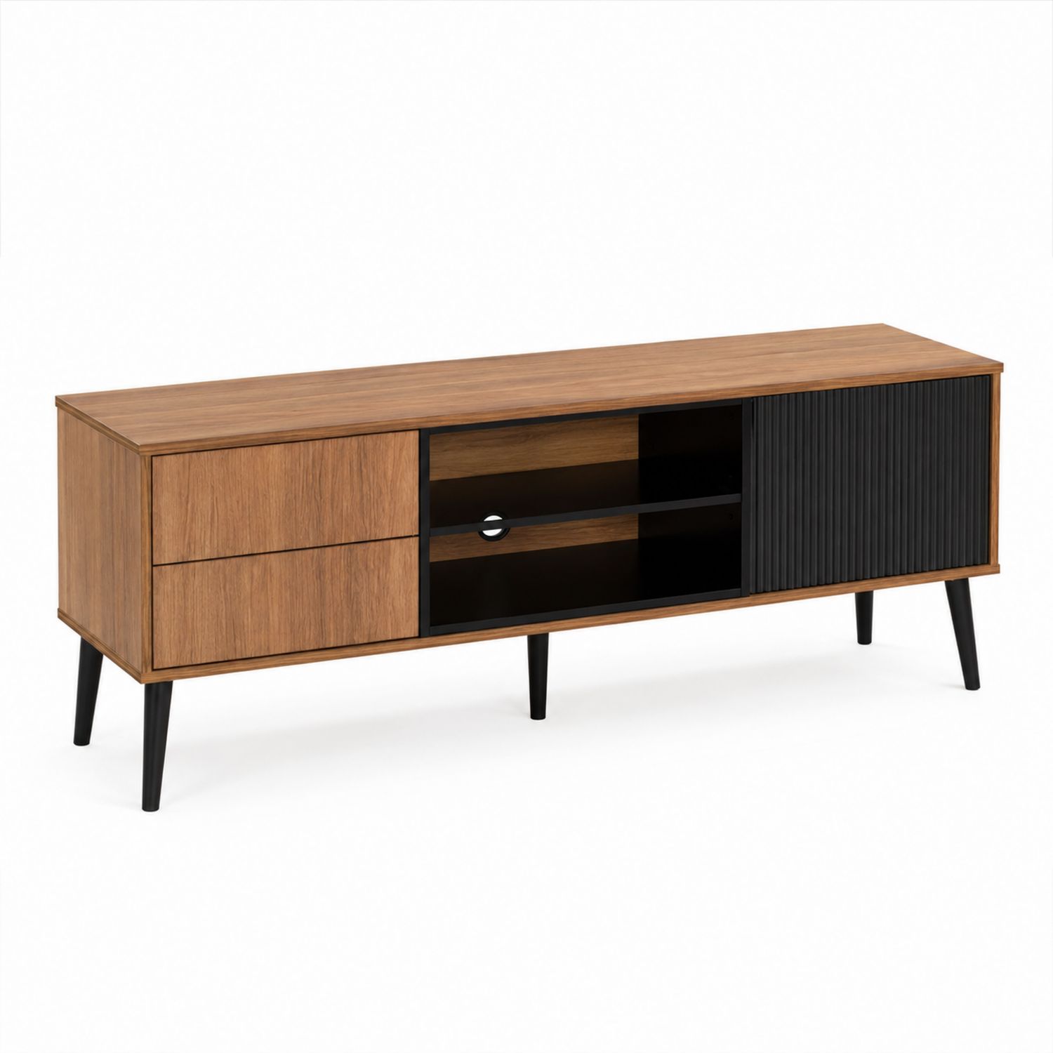 Meuble TV en bois avec portes coulissantes et métal noir