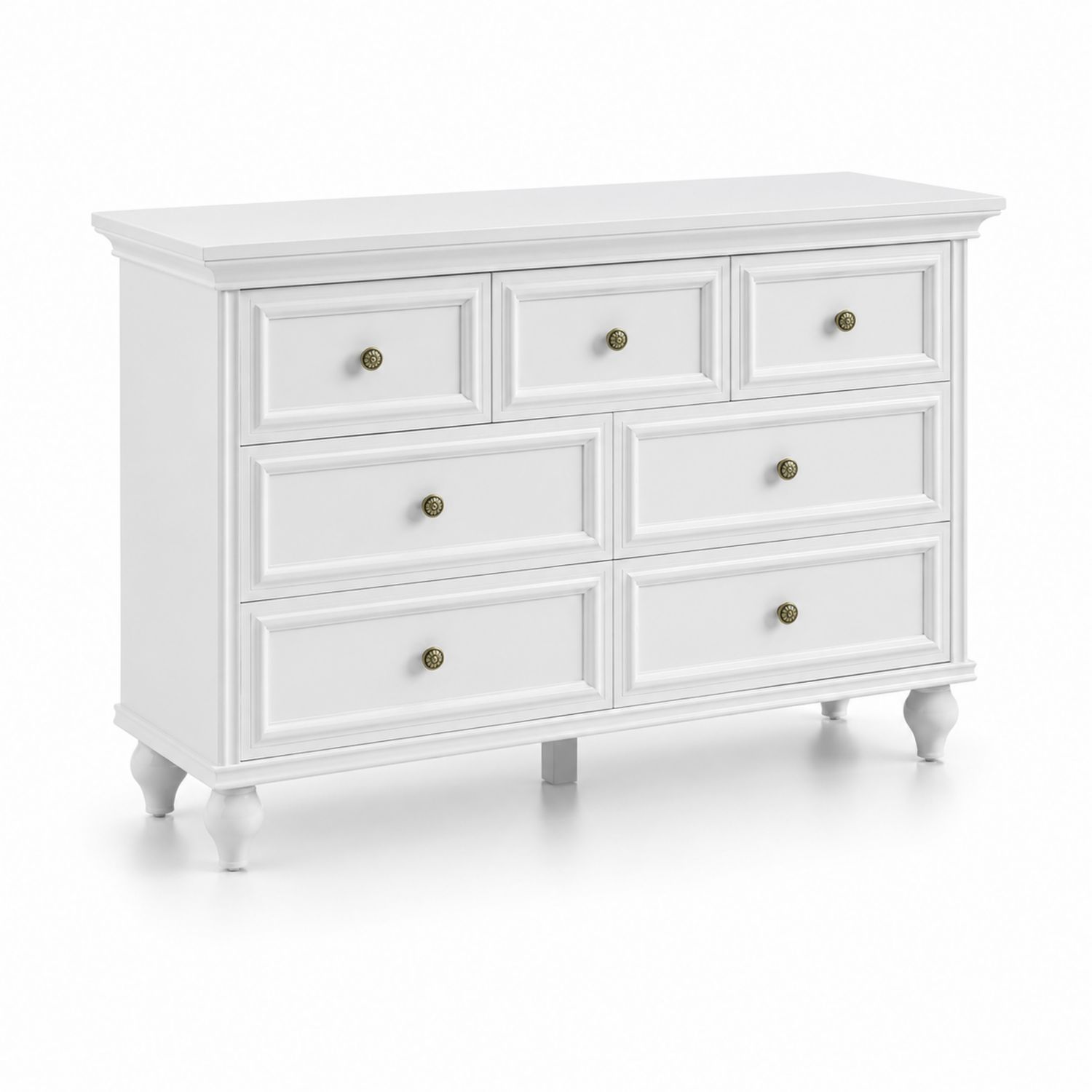 Commode en bois blanc à 6 tiroirs avec pieds tournés 120x40x80 cm