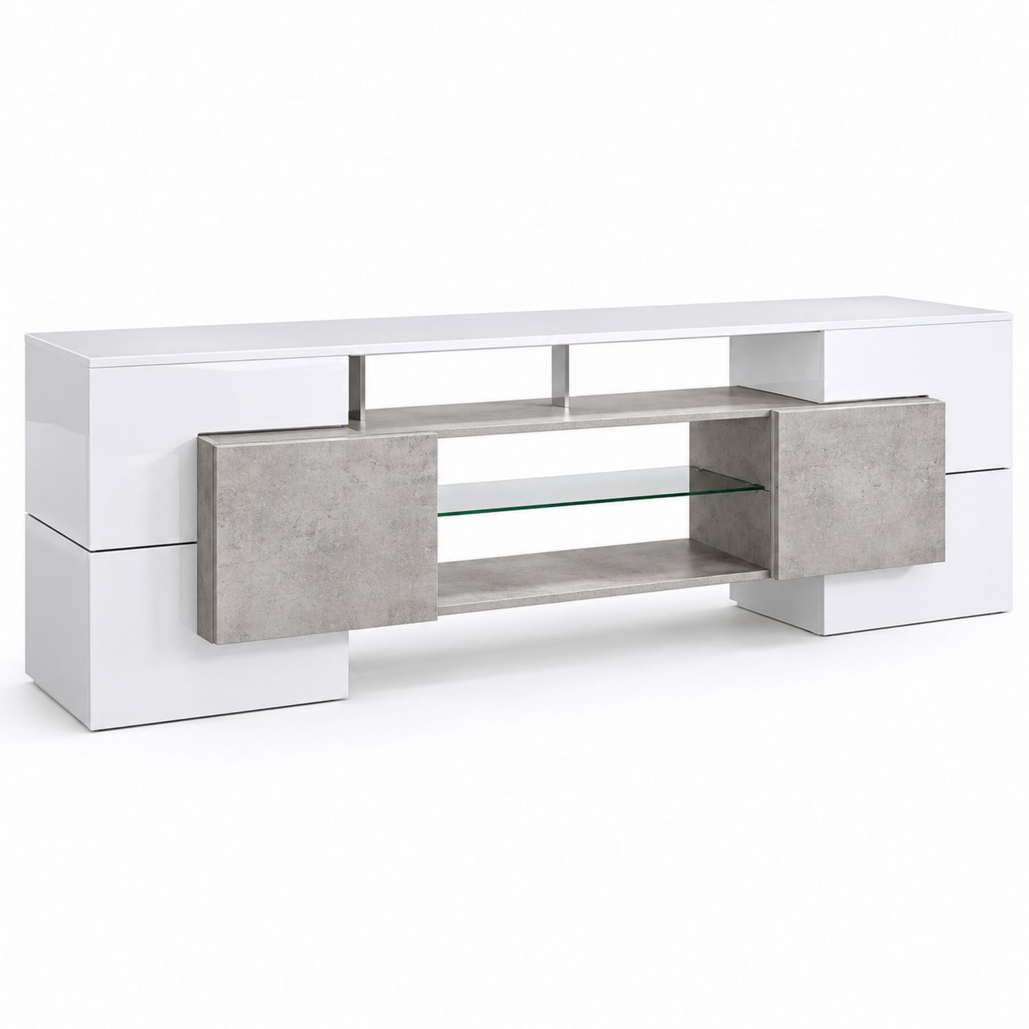 Meuble TV en bois et verre Blanc/Gris 140x45x50 cm