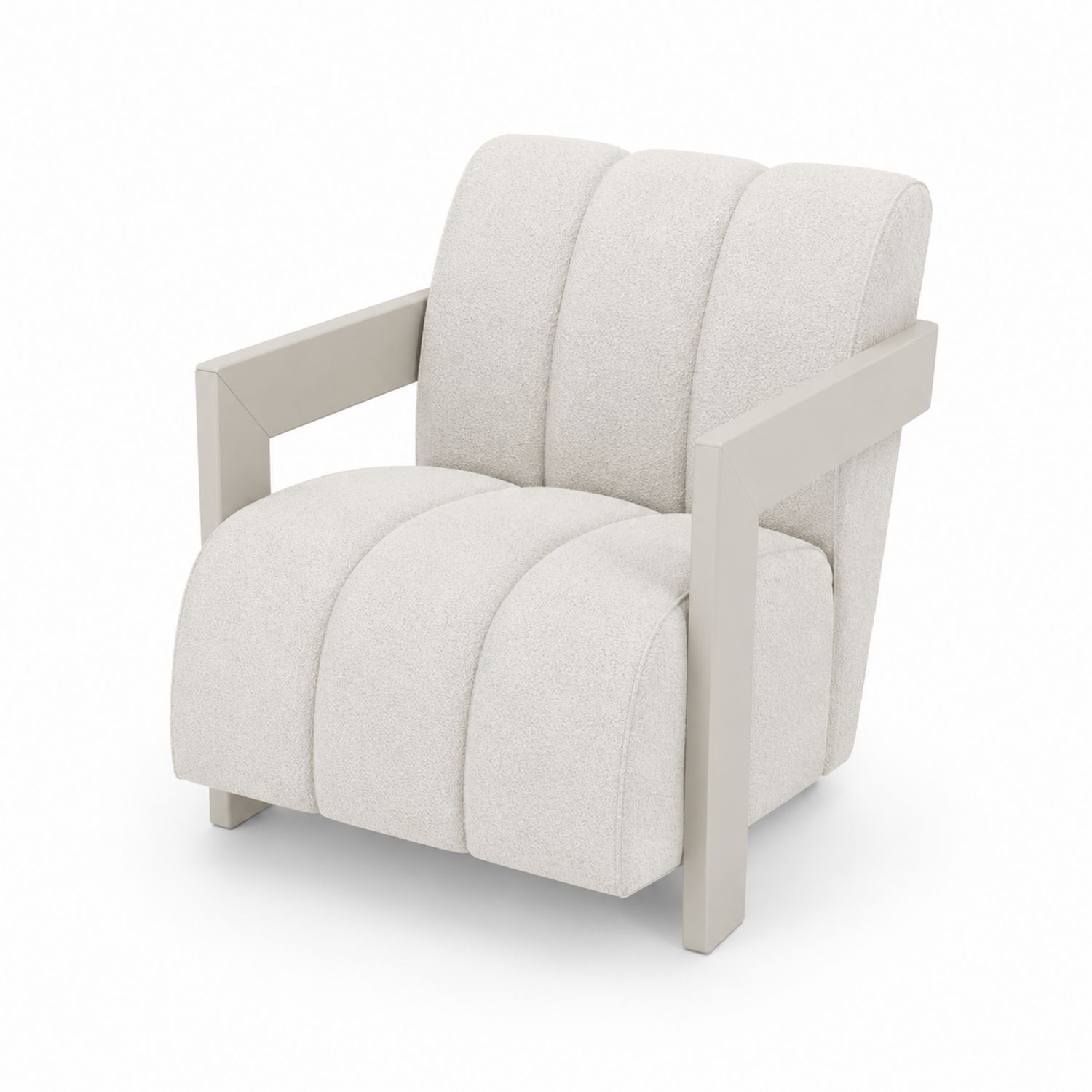 Fauteuil en tissu bouclé crème avec accoudoirs en bois
