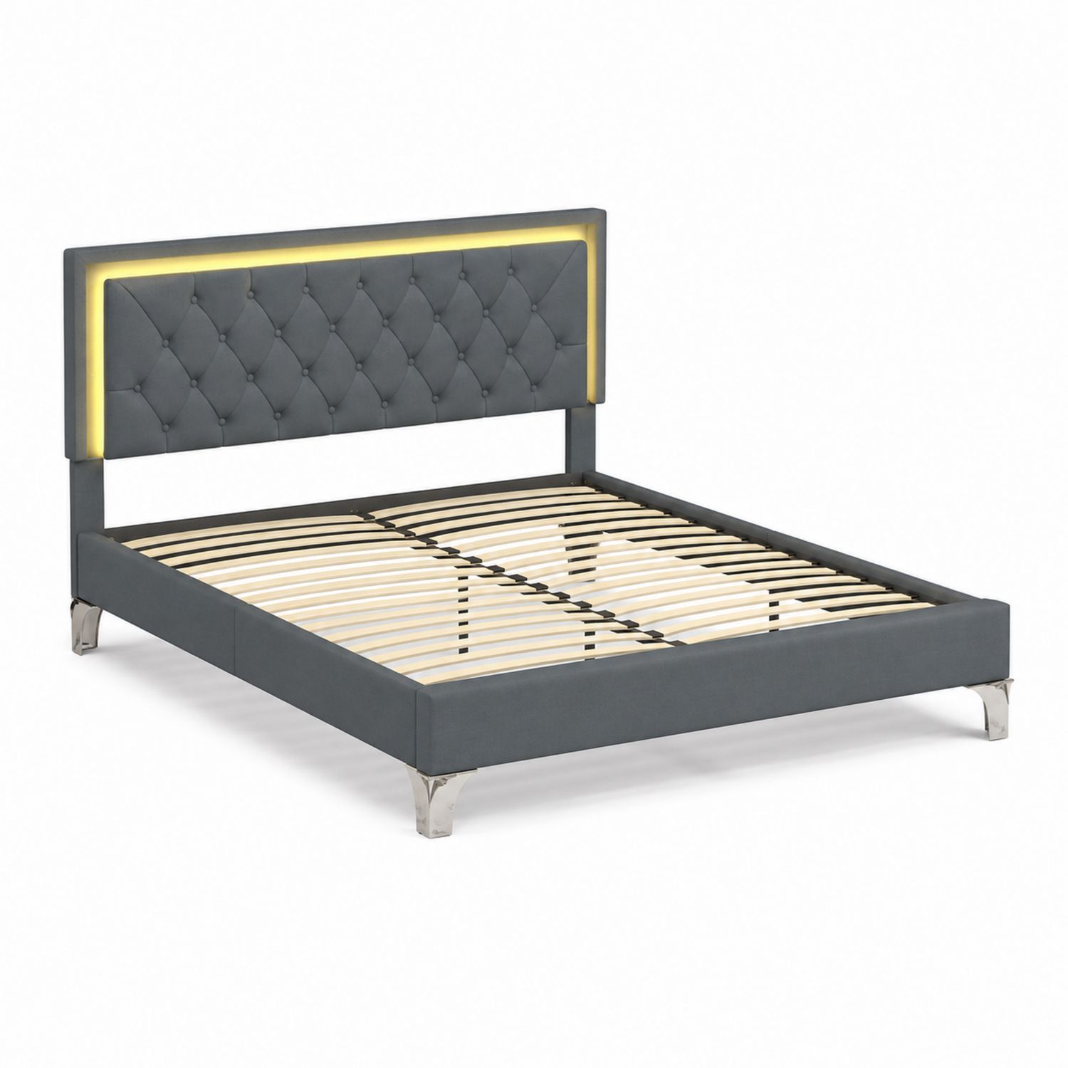 Lit double en tissu avec LED intégrée et pieds en métal, gris, 200x150 cm