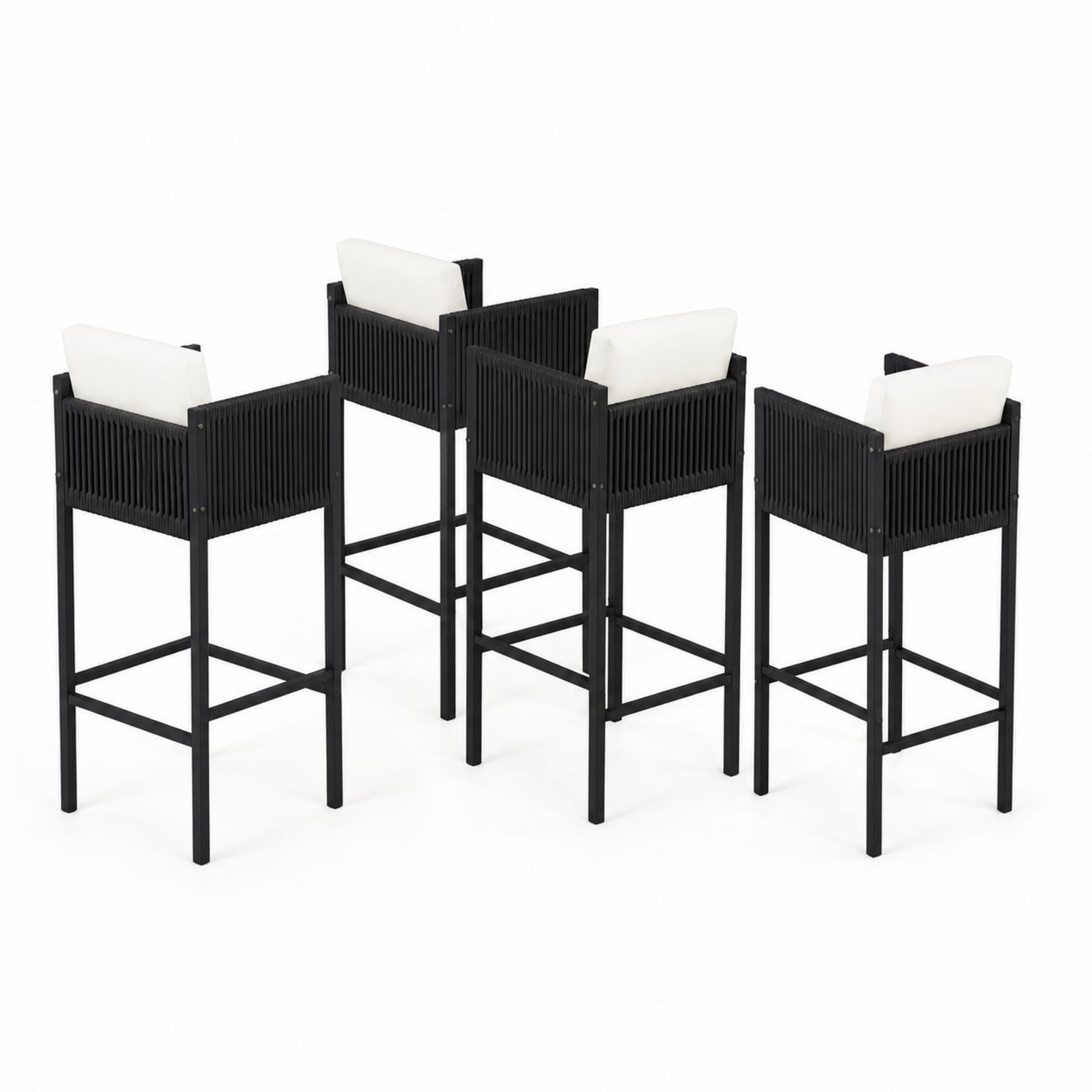 Lot de 4 chaises de bar en métal et corde avec coussins en polyester Noir et Blanc