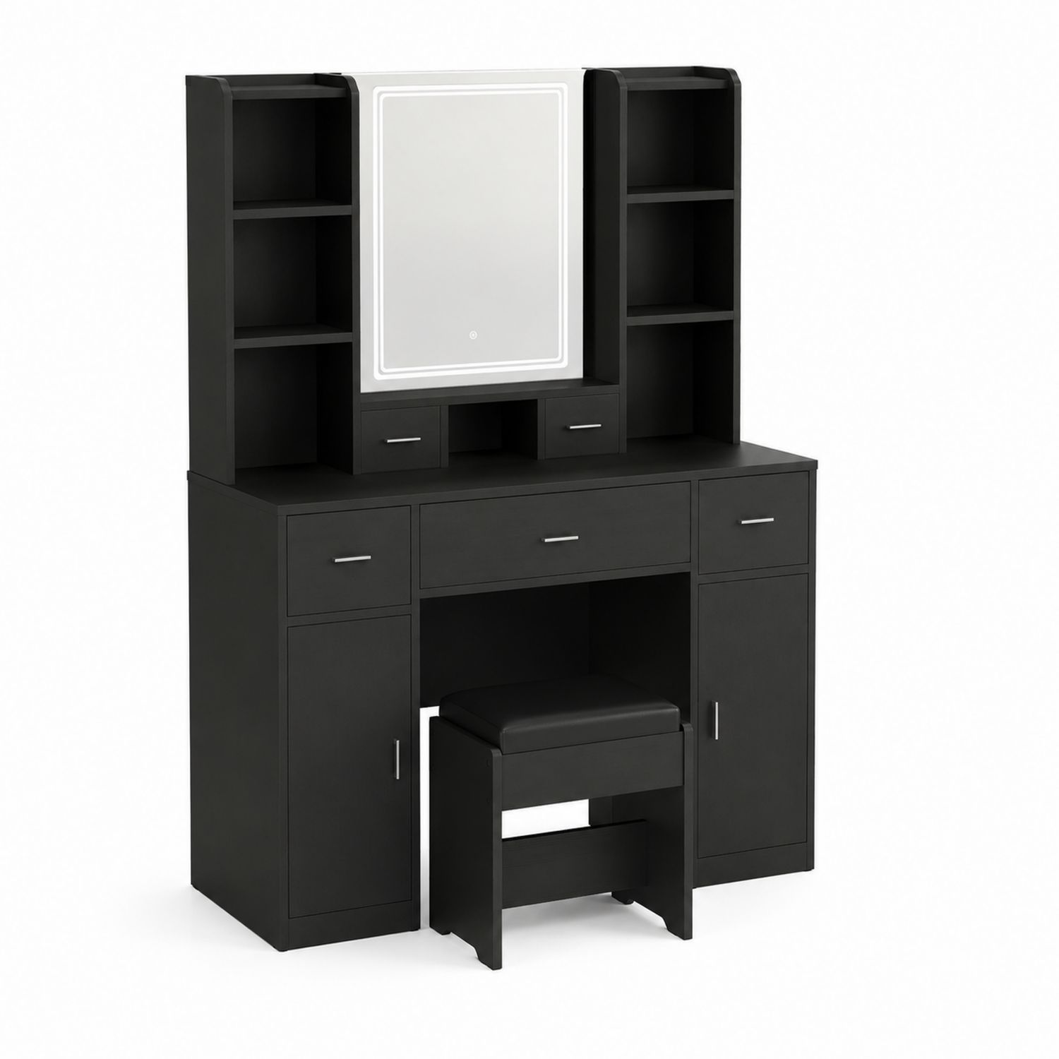 Coiffeuse en bois avec miroir et tabouret noir