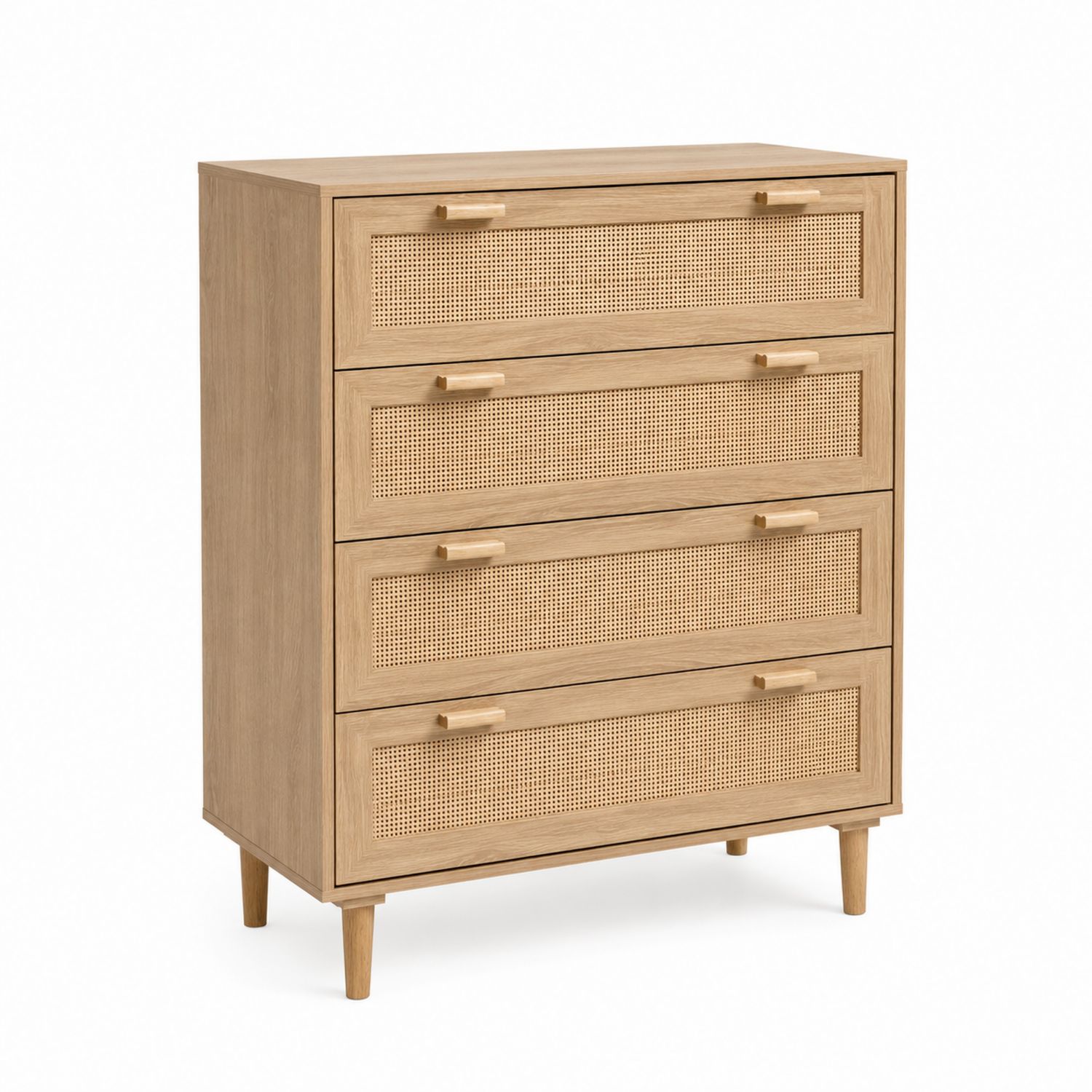 Commode 4 tiroirs en chêne et rotin naturel