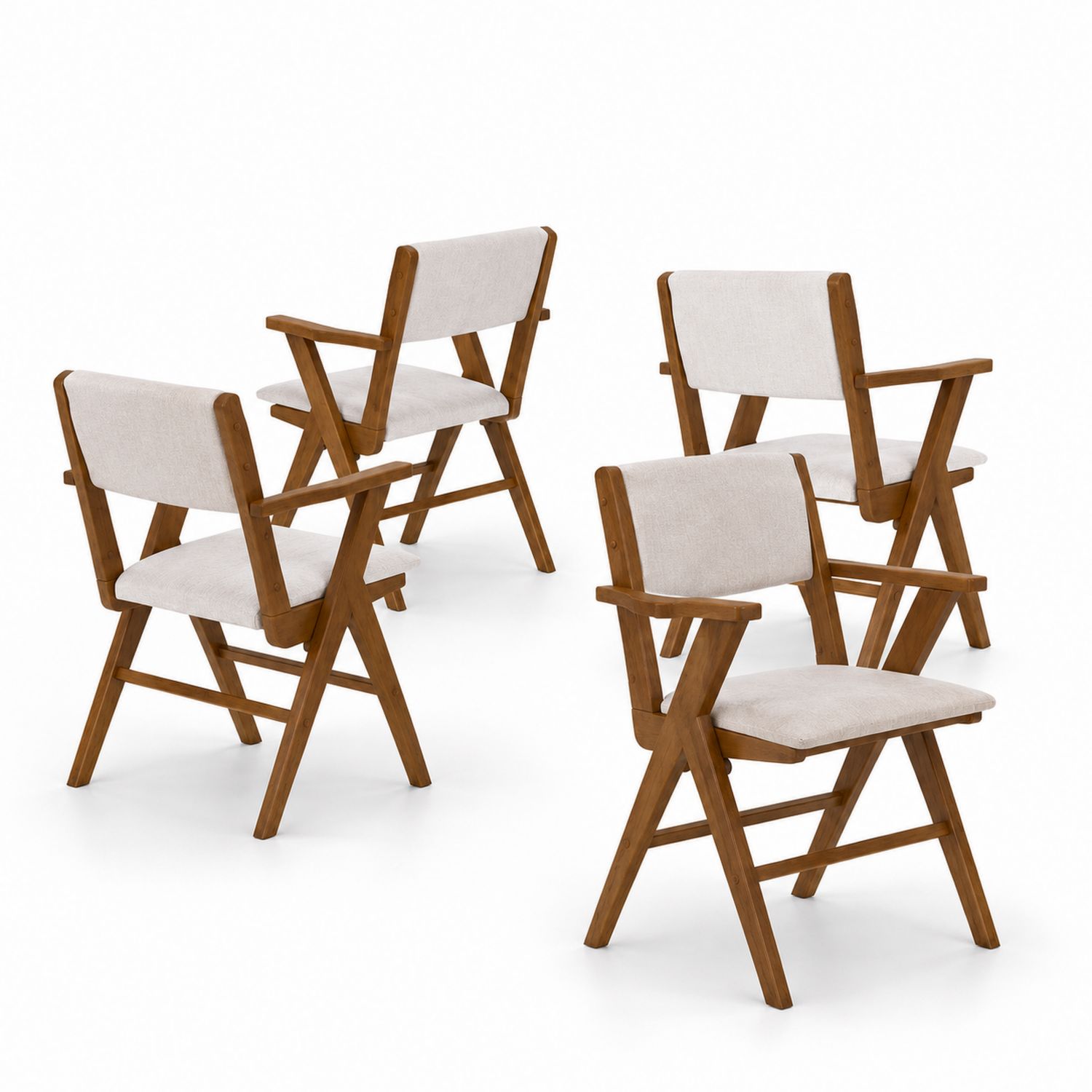 Ensemble de 4 chaises en bois avec coussin en lin beige