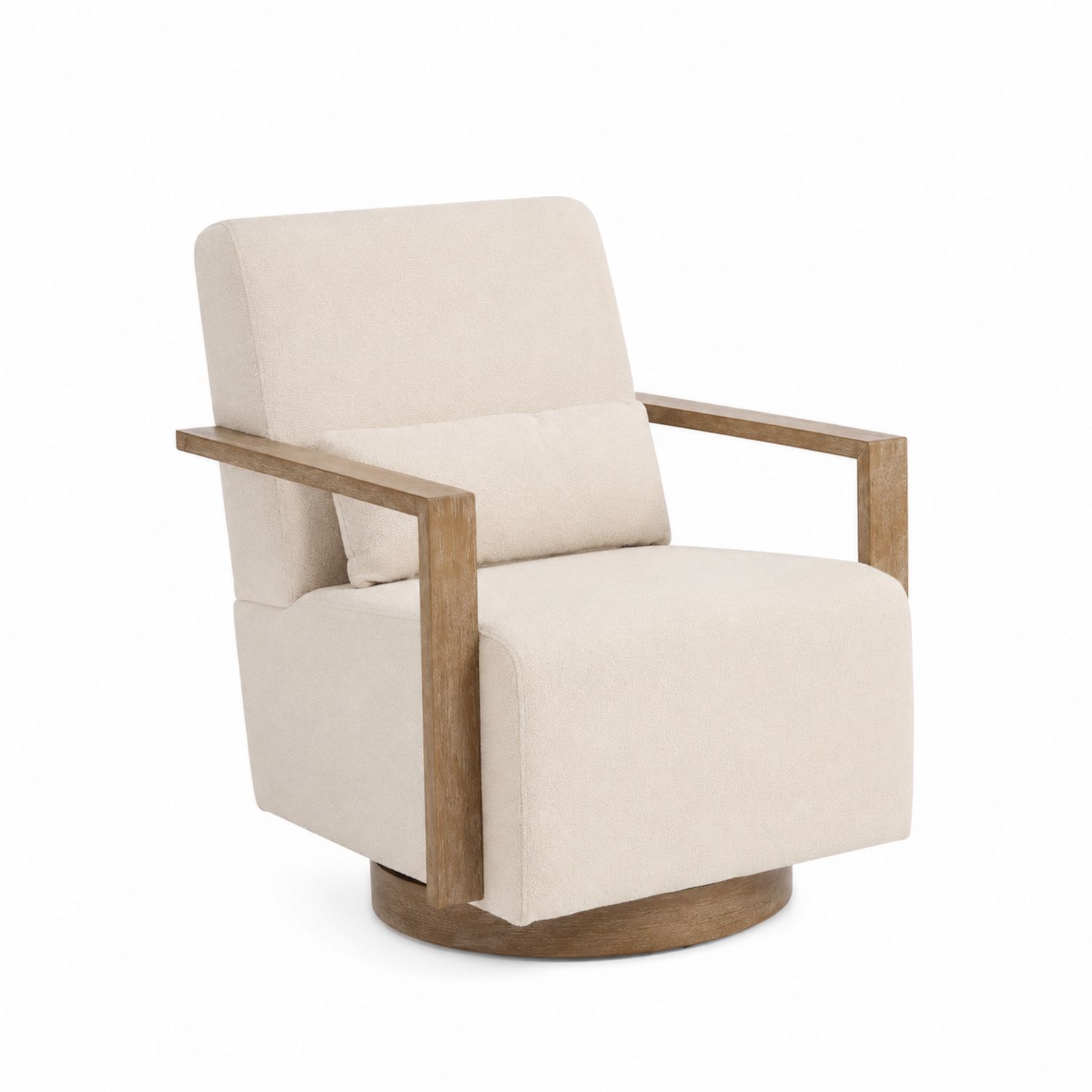 Fauteuil pivotant en tissu bouclé avec accoudoirs en bois de chêne