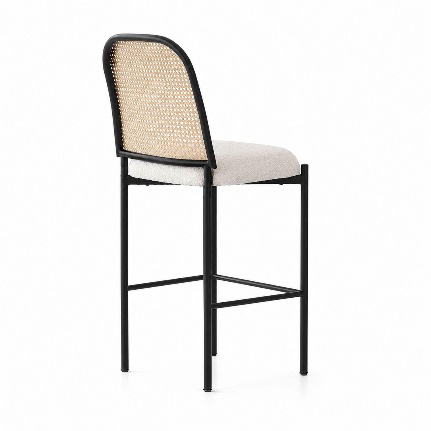 Chaise de bar en métal avec dossier en rotin et assise en tissu beige