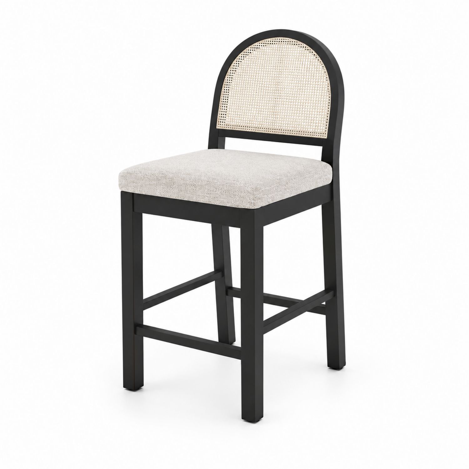 Tabouret de bar en bois avec dossier en rotin et assise en tissu polyester