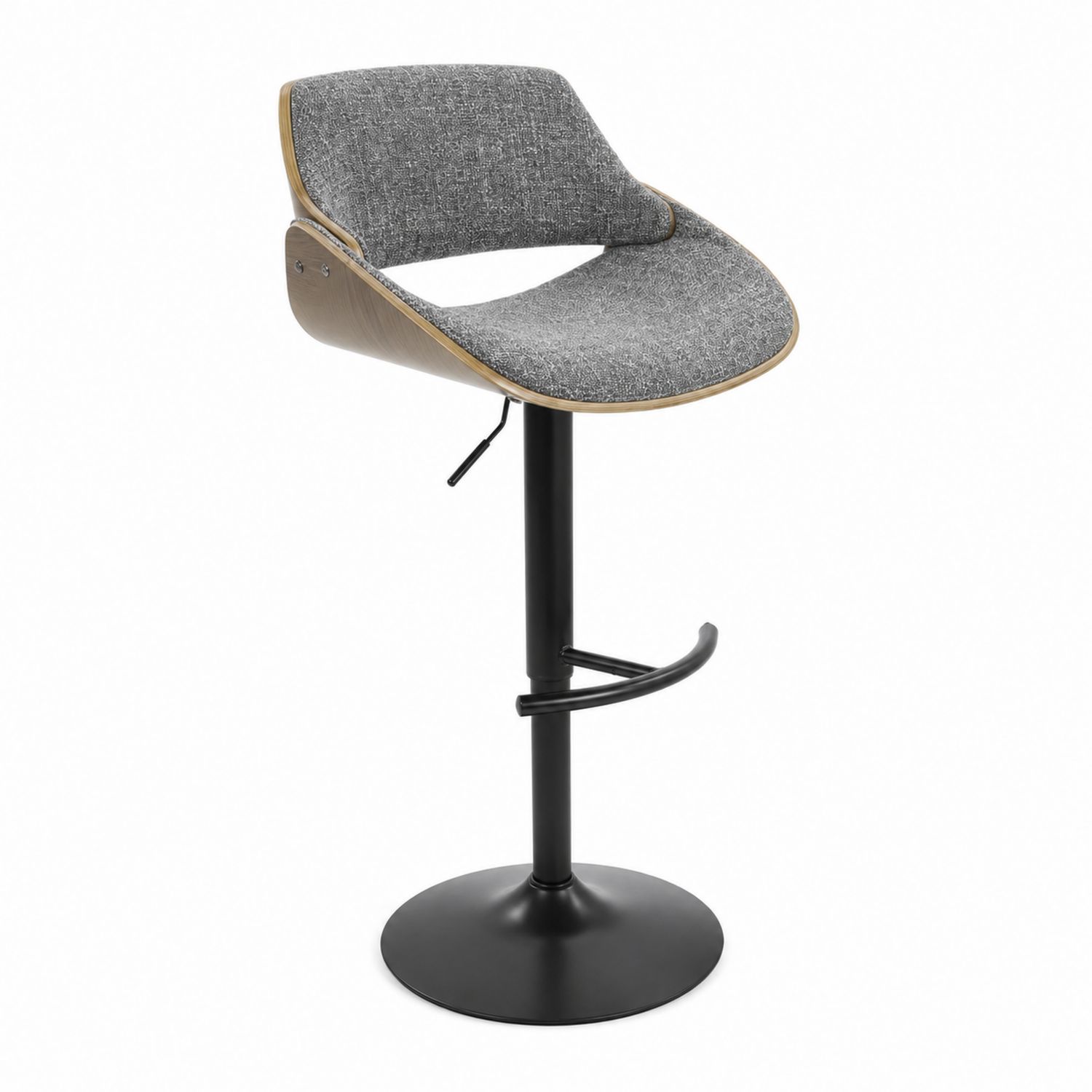Tabouret de bar en tissu gris et contreplaqué avec pied en métal noir