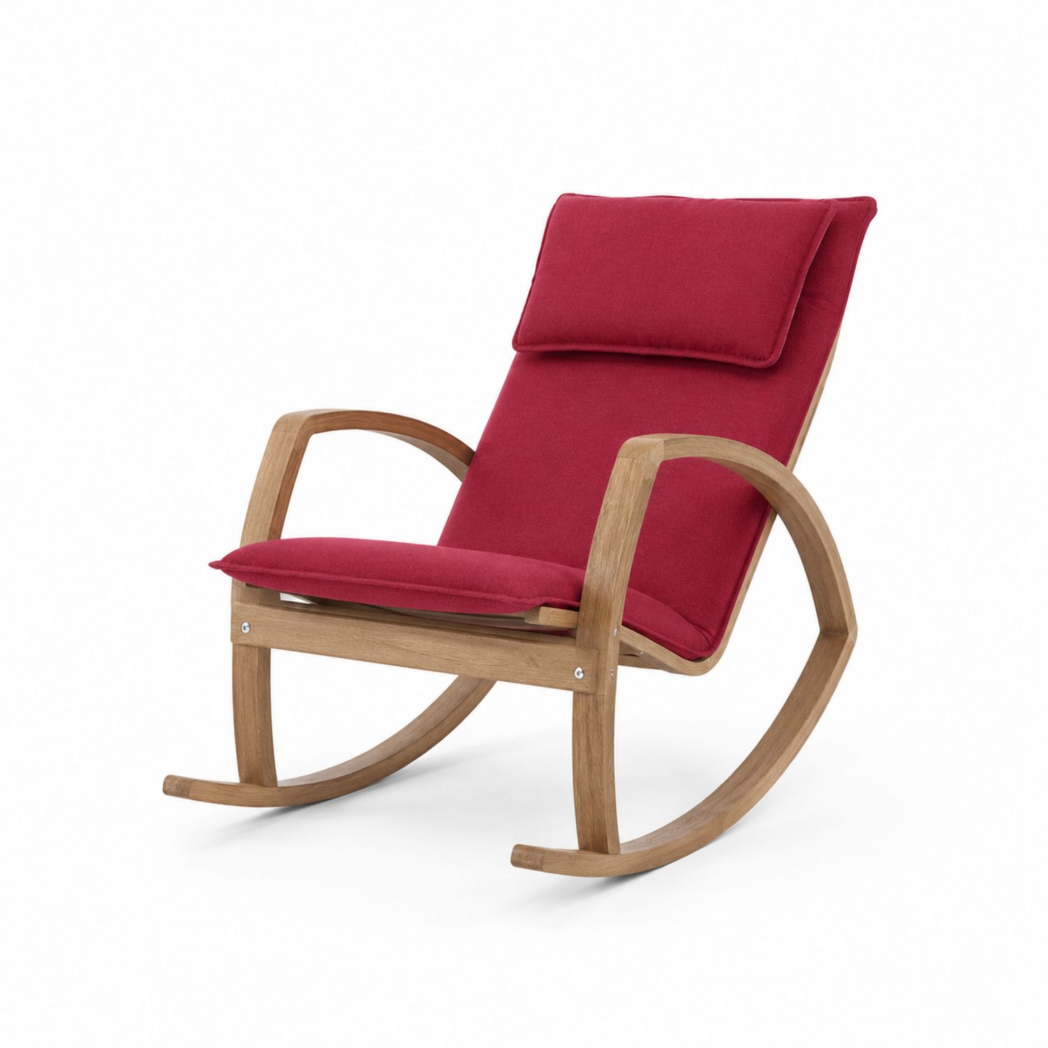 Chaise à bascule en bois avec coussins en tissu rouge