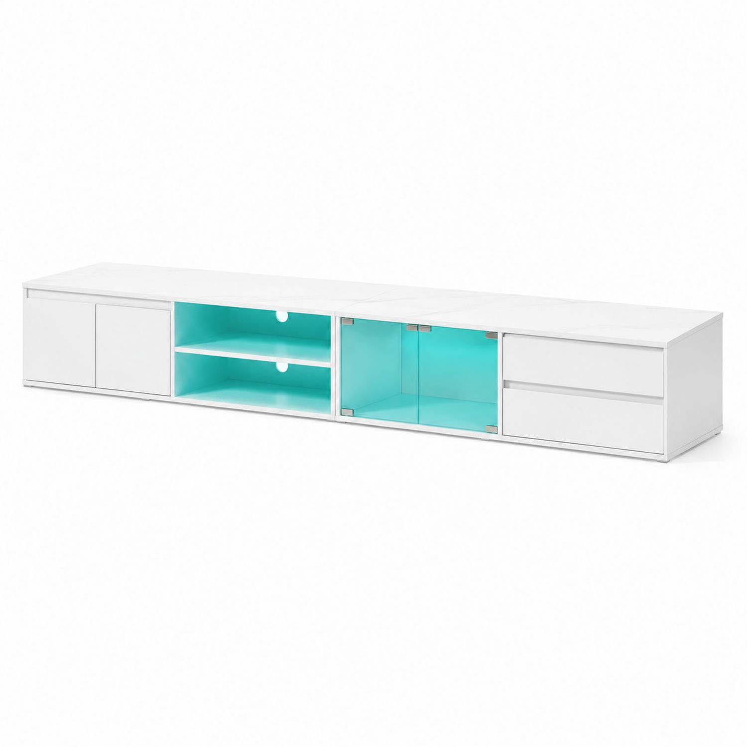 Meuble TV bas rectangulaire 180 cm MDF blanc avec portes et tiroirs