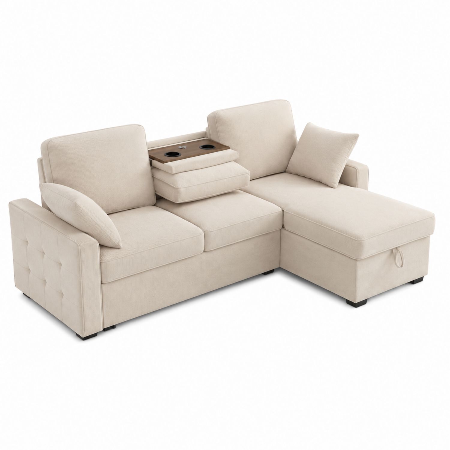 Canapé d'angle en tissu beige avec rangement et porte-gobelets
