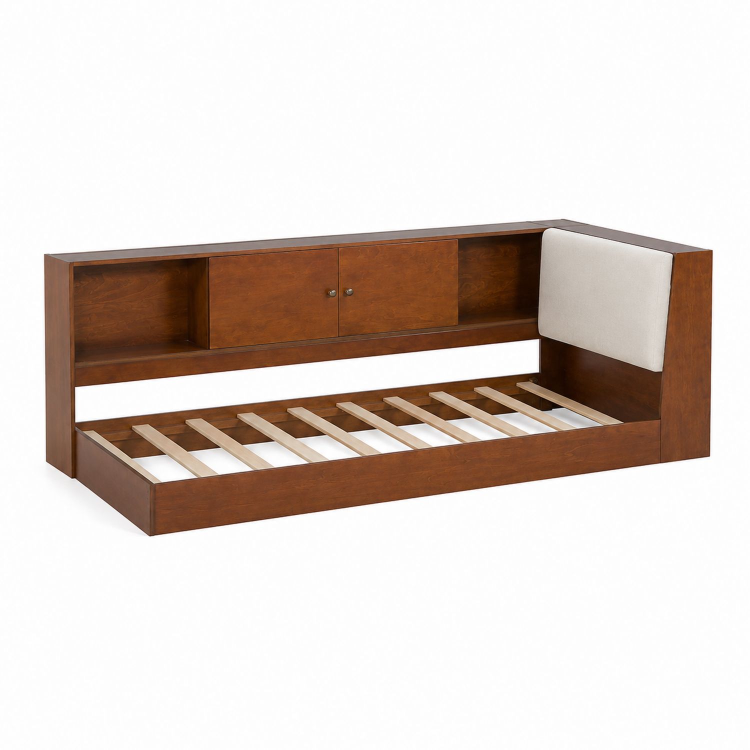 Lit simple en bois avec rangement et dossier rembourré, 200 cm x 90 cm, Noyer