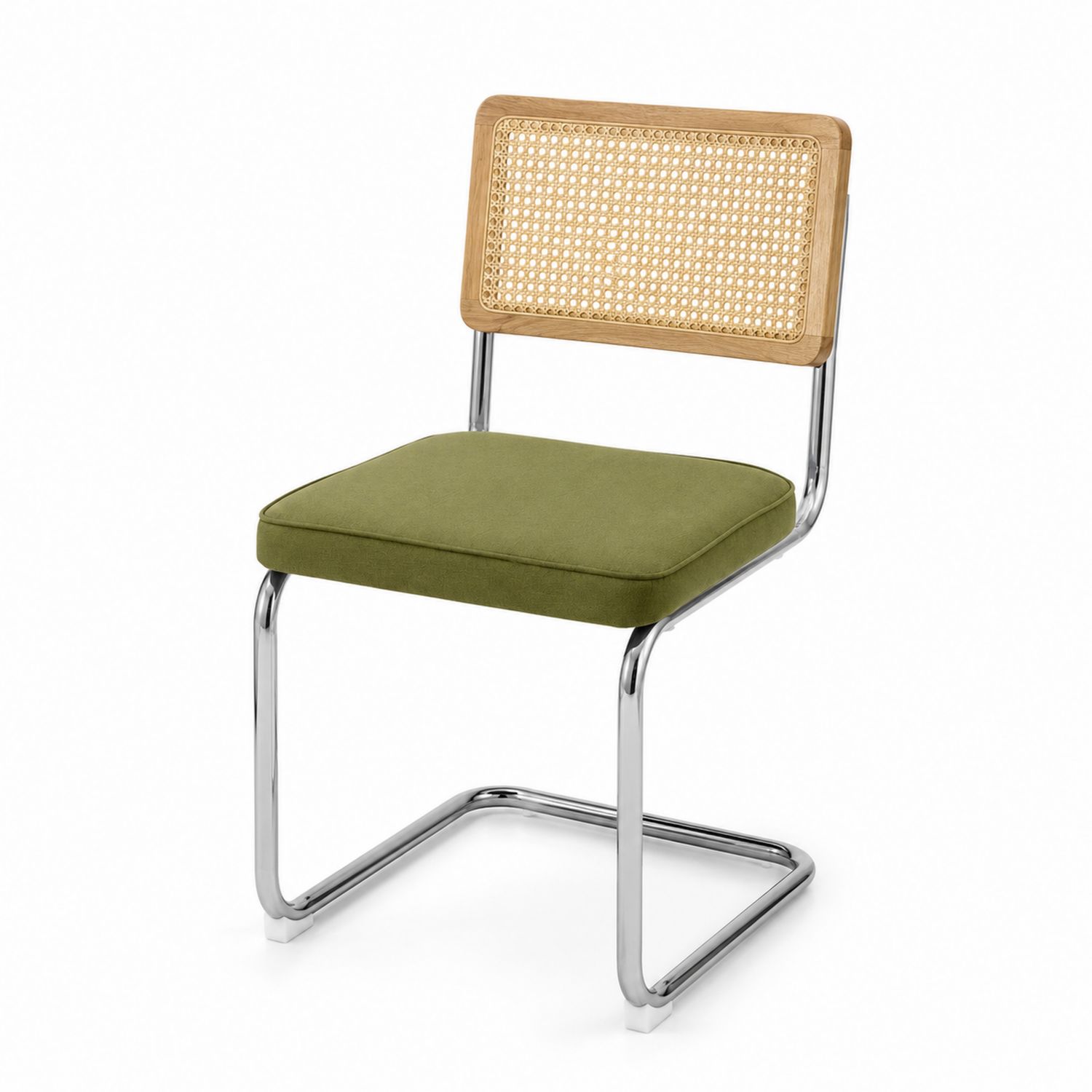 Chaise en métal avec assise en tissu vert et dossier en rotin