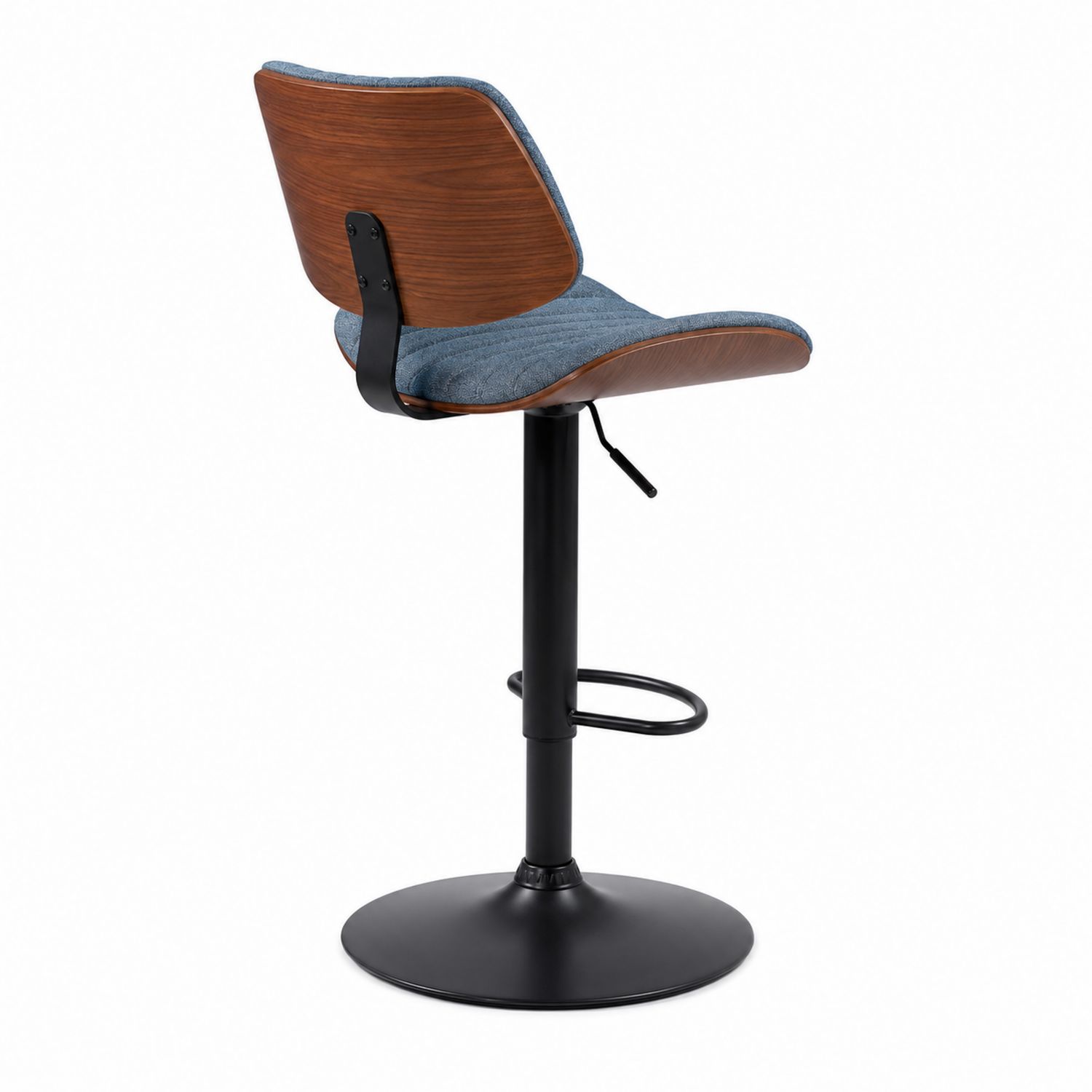 Tabouret de bar réglable en bois et tissu polyester bleu, base en métal noir