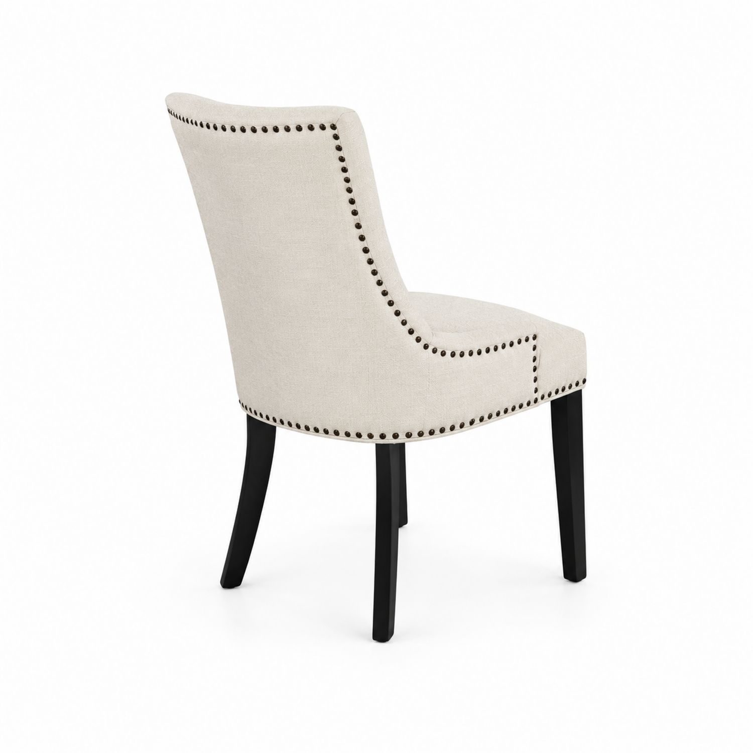 Chaise en tissu beige avec clous décoratifs et pieds en bois noir