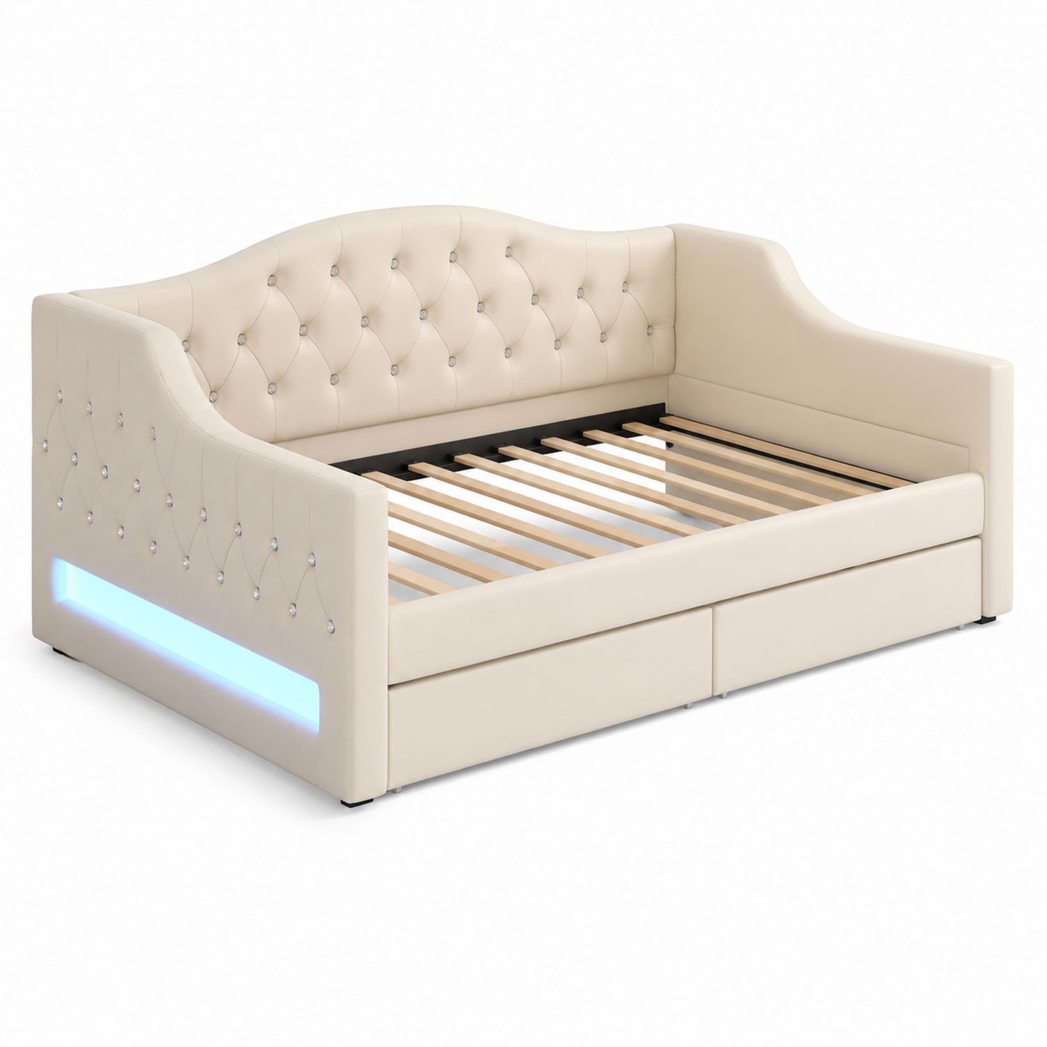Lit banquette en cuir synthétique beige avec LED