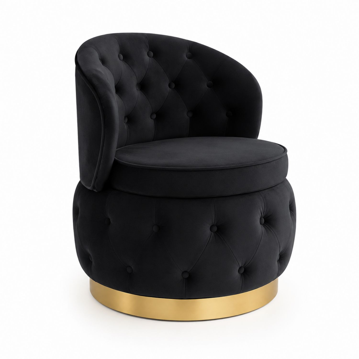 Fauteuil rond en velours noir avec base en métal doré