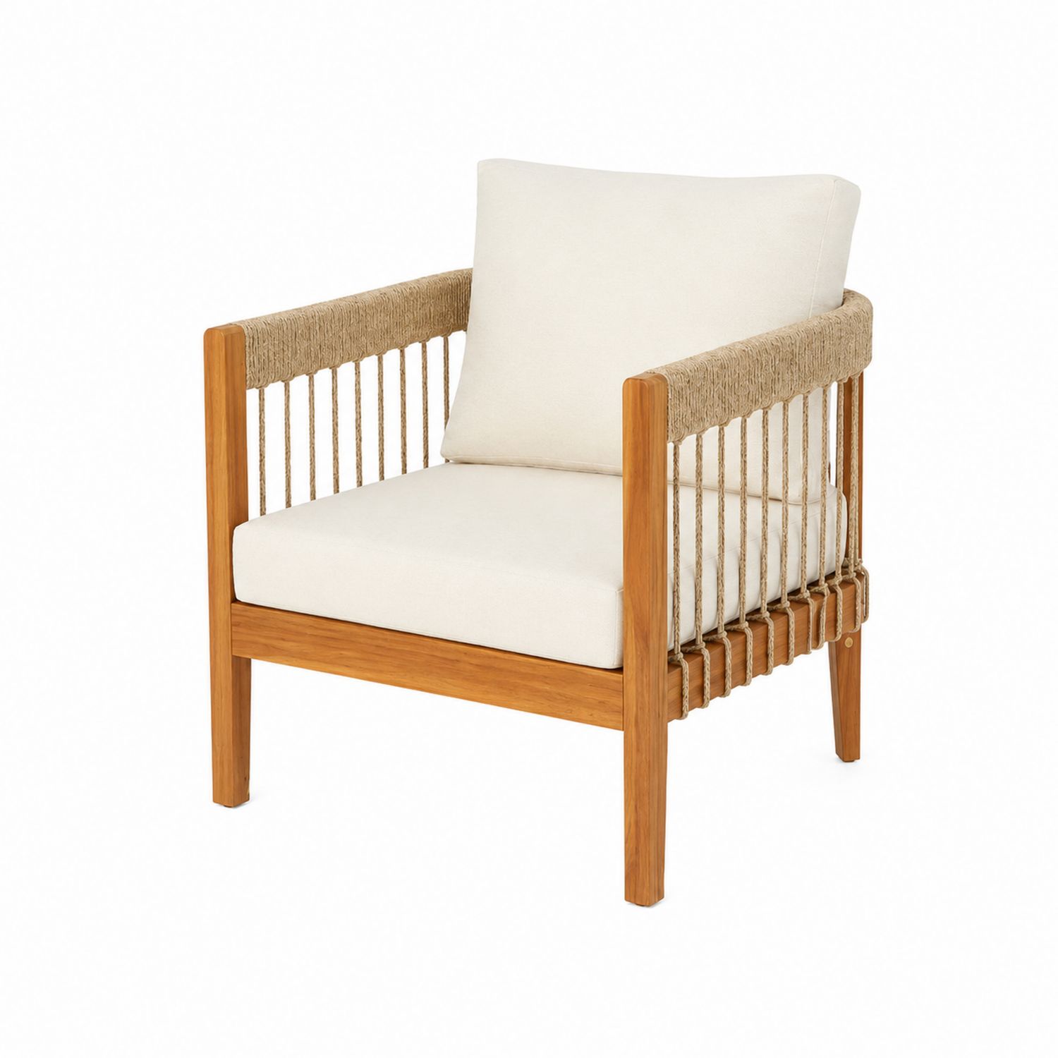 Chaise en bois et corde avec coussins crème