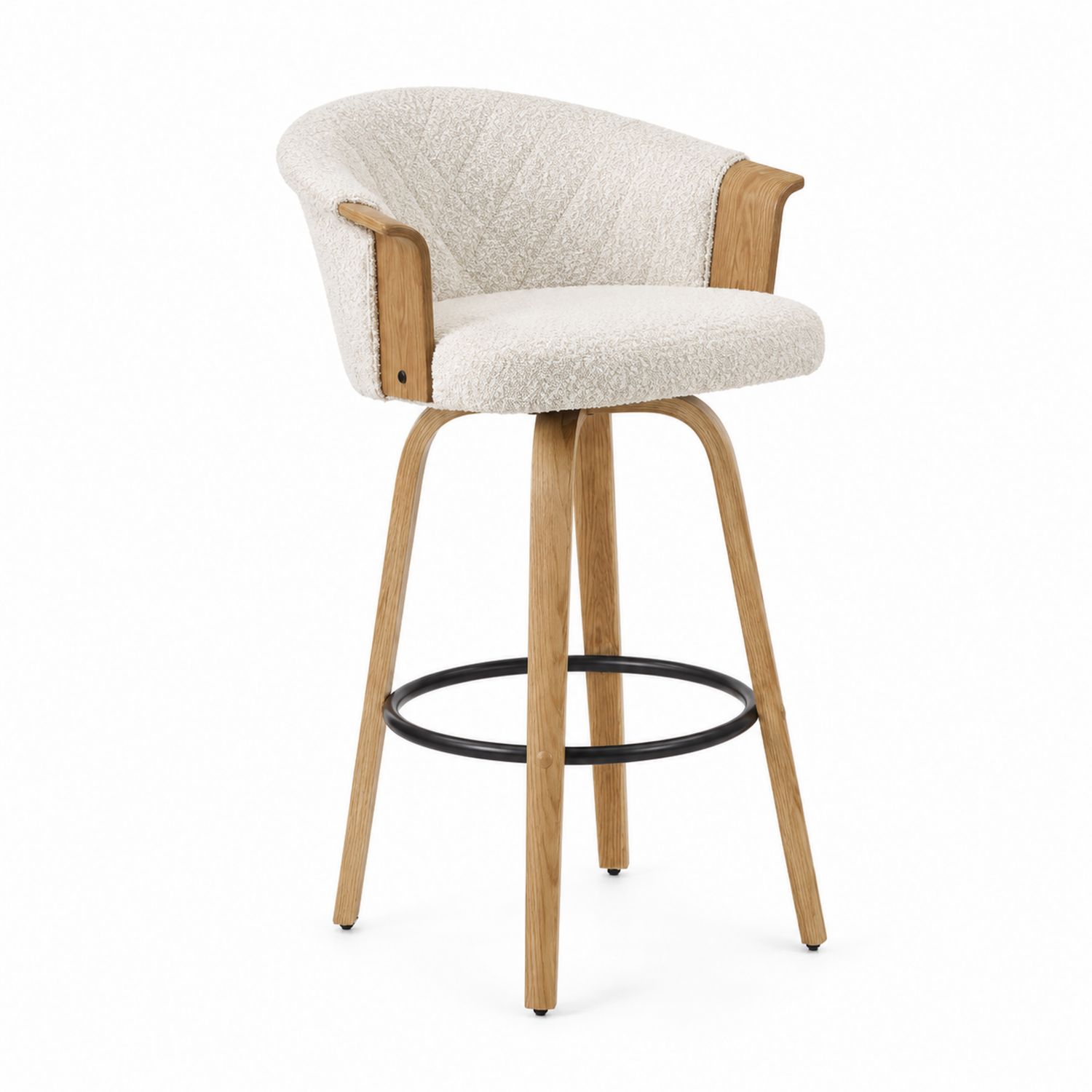 Tabouret de bar pivotant en bois et tissu bouclé Blanc 65cm